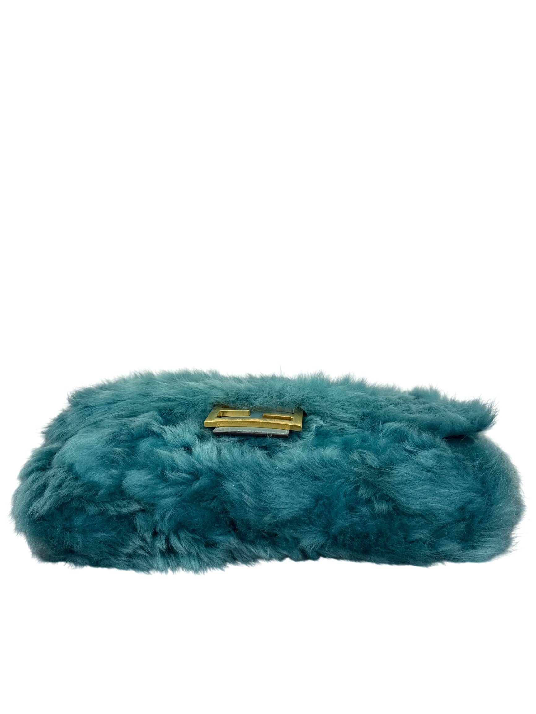 Fendi Baguette Large Shearling Shoulder Bag Blue with Gold Chain