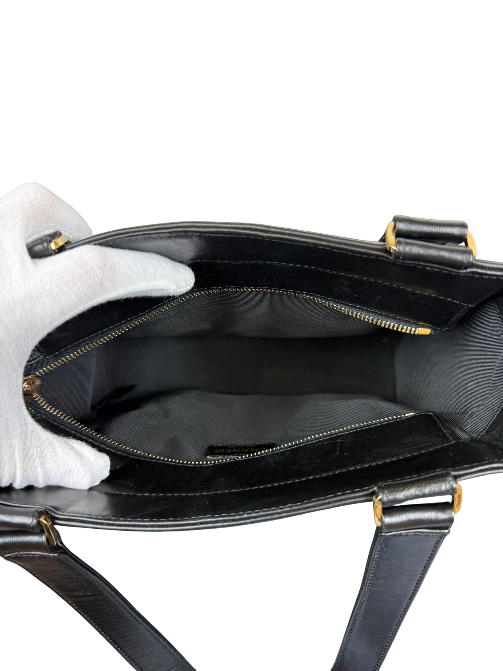 Chanel Chocolate Bar CC Tote Quilted Black Lambskin Leather Shoulder Bag