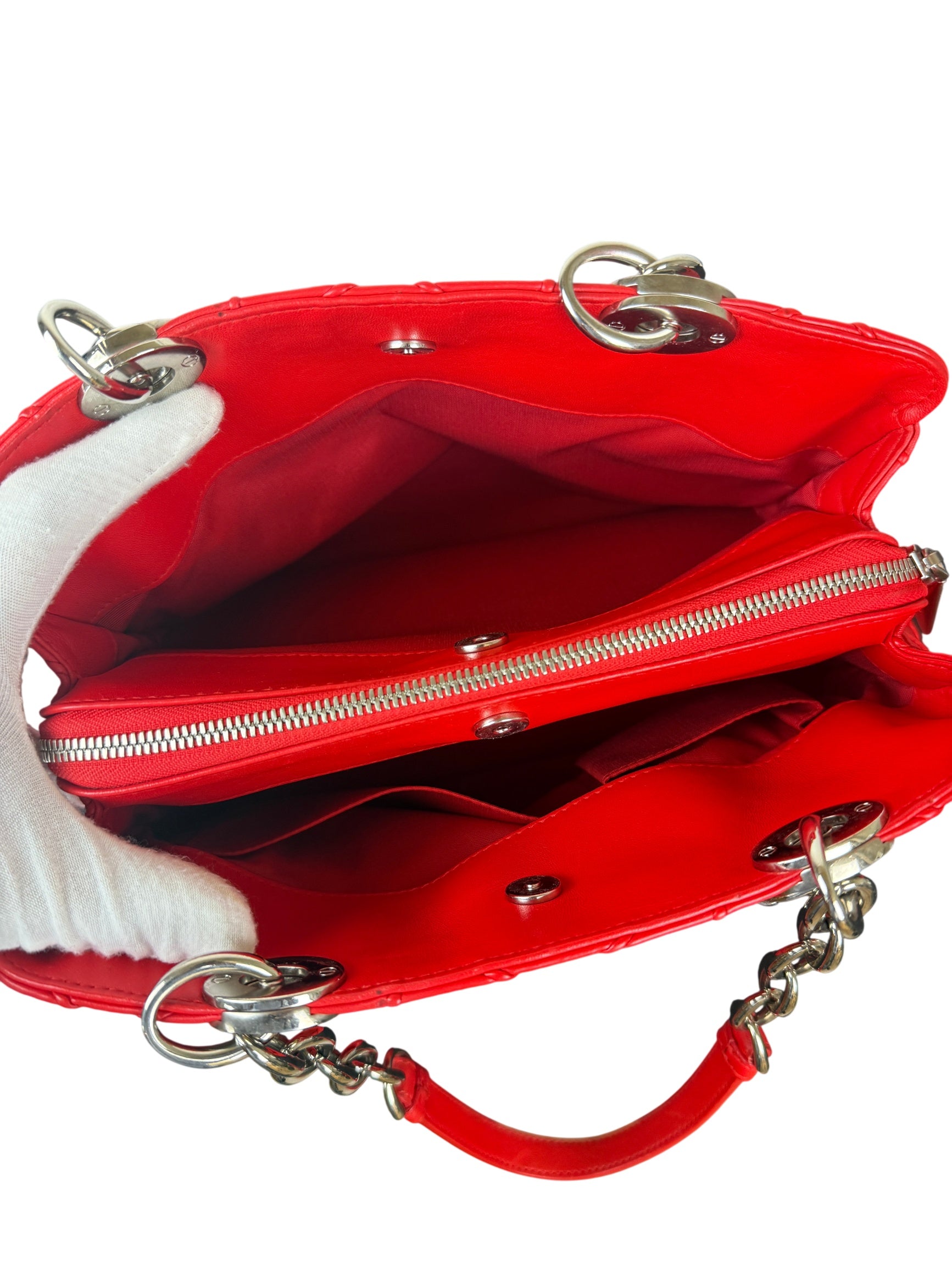 Dior Granville Red Cannage Quilted Leather Bag with Silver Chain Handle