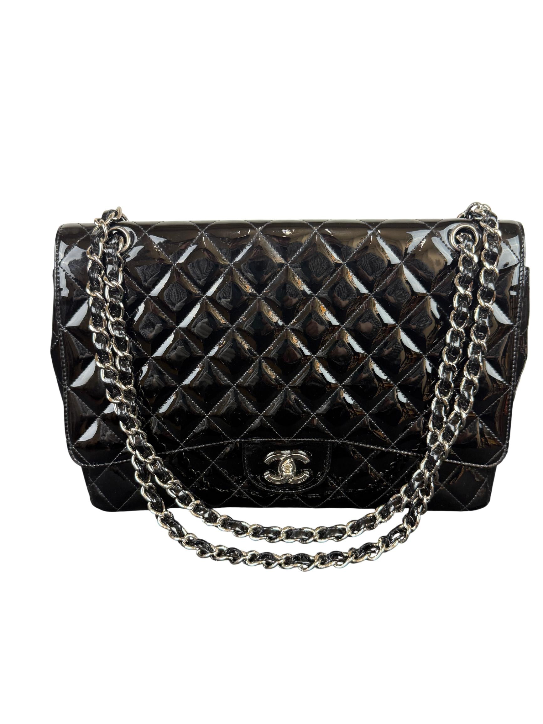 Chanel Classic Maxi Flap Black Quilted Patent Leather Shoulder Bag