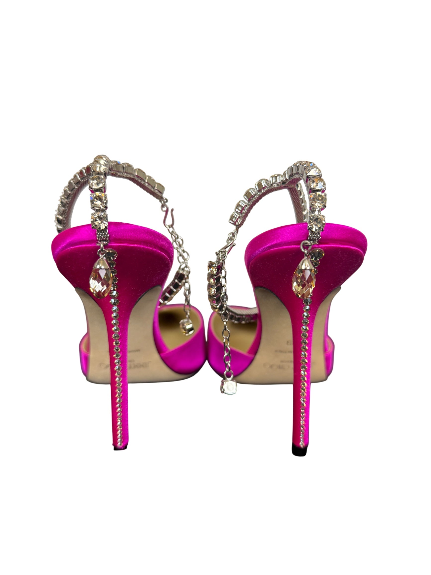 Jimmy Choo Saeda 100 Fuchsia Pink Satin Crystal Embellished Pointed Toe Heels