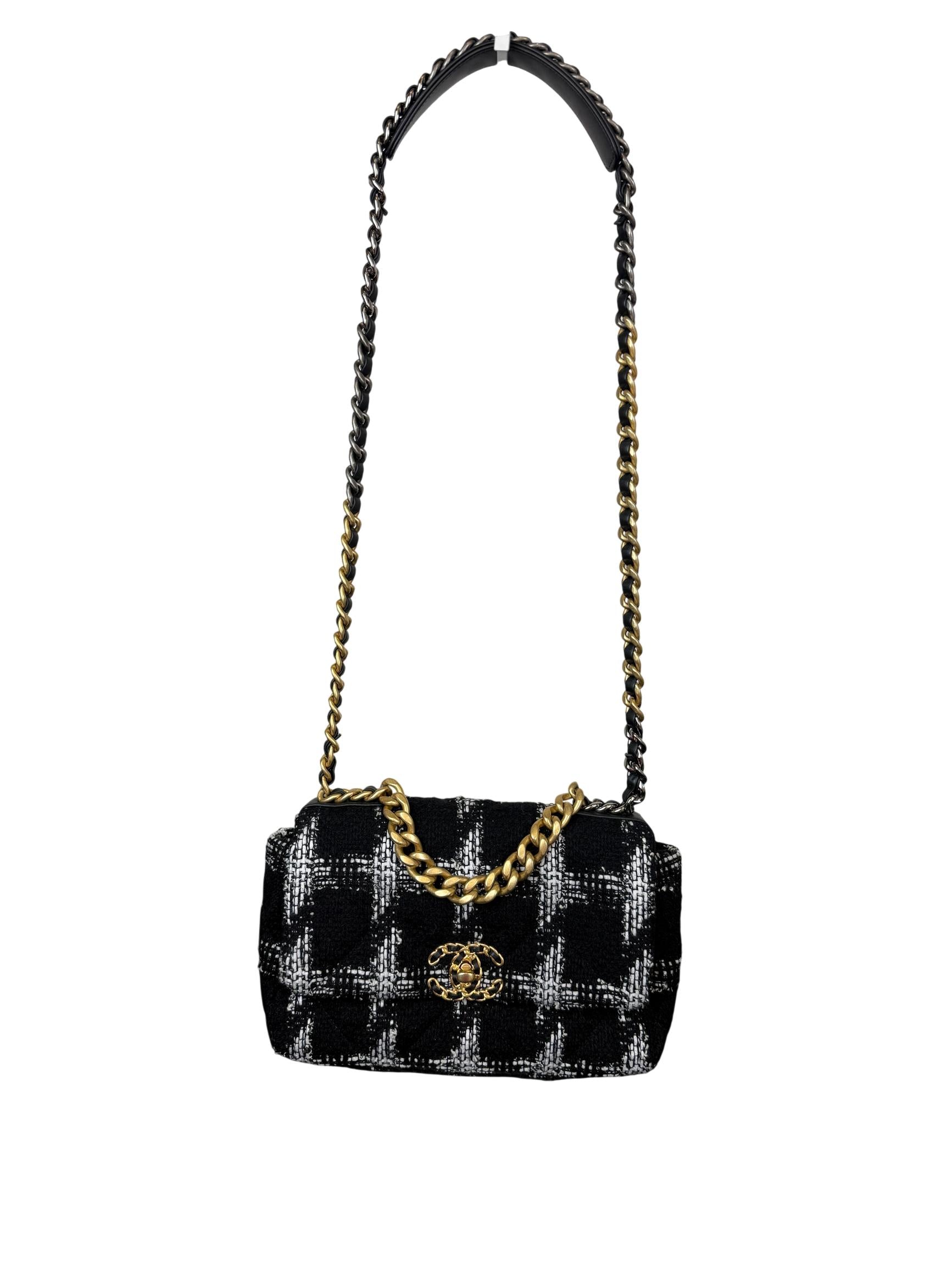 Chanel 19 Black and White Tweed Flap Bag with Mixed Metal Chain