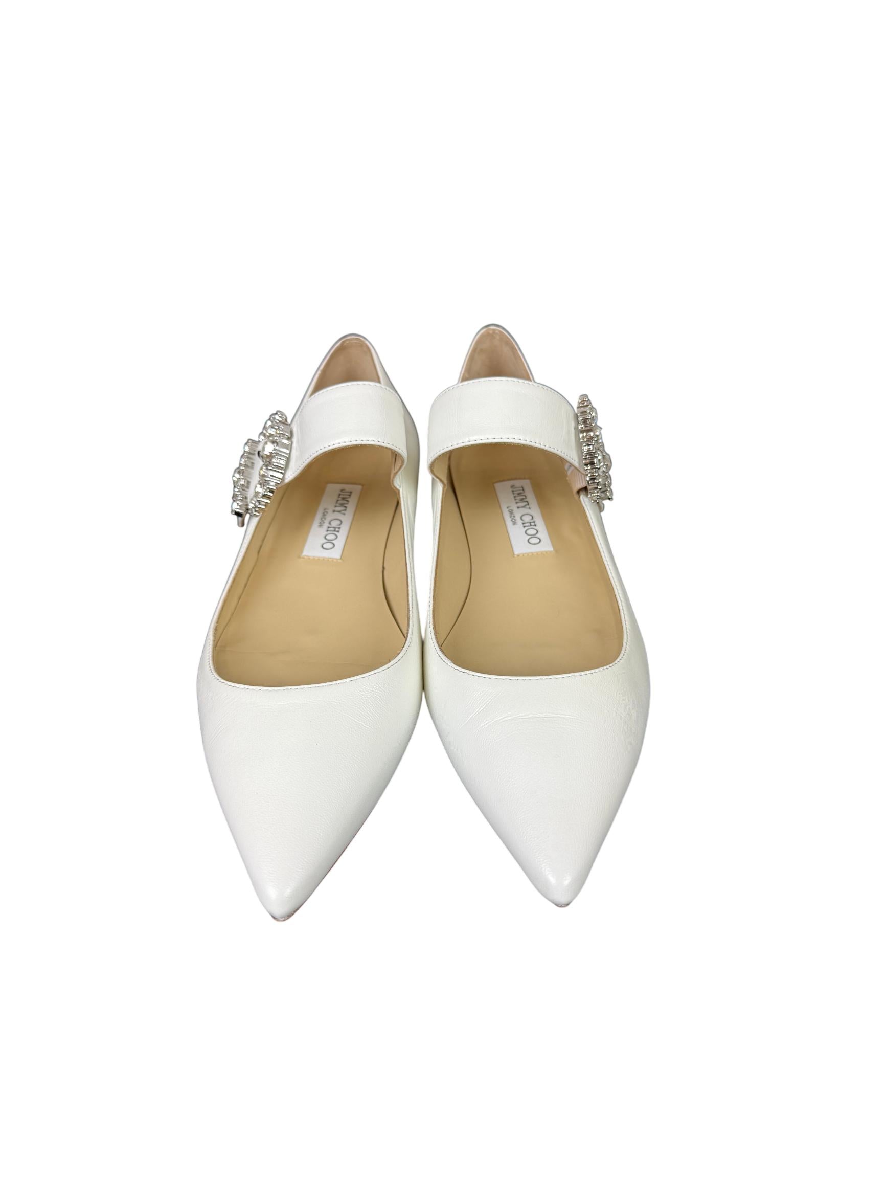 Jimmy Choo Cheri Flat Milk Leather Mary Jane Shoes with Crystal Buckle Size 39