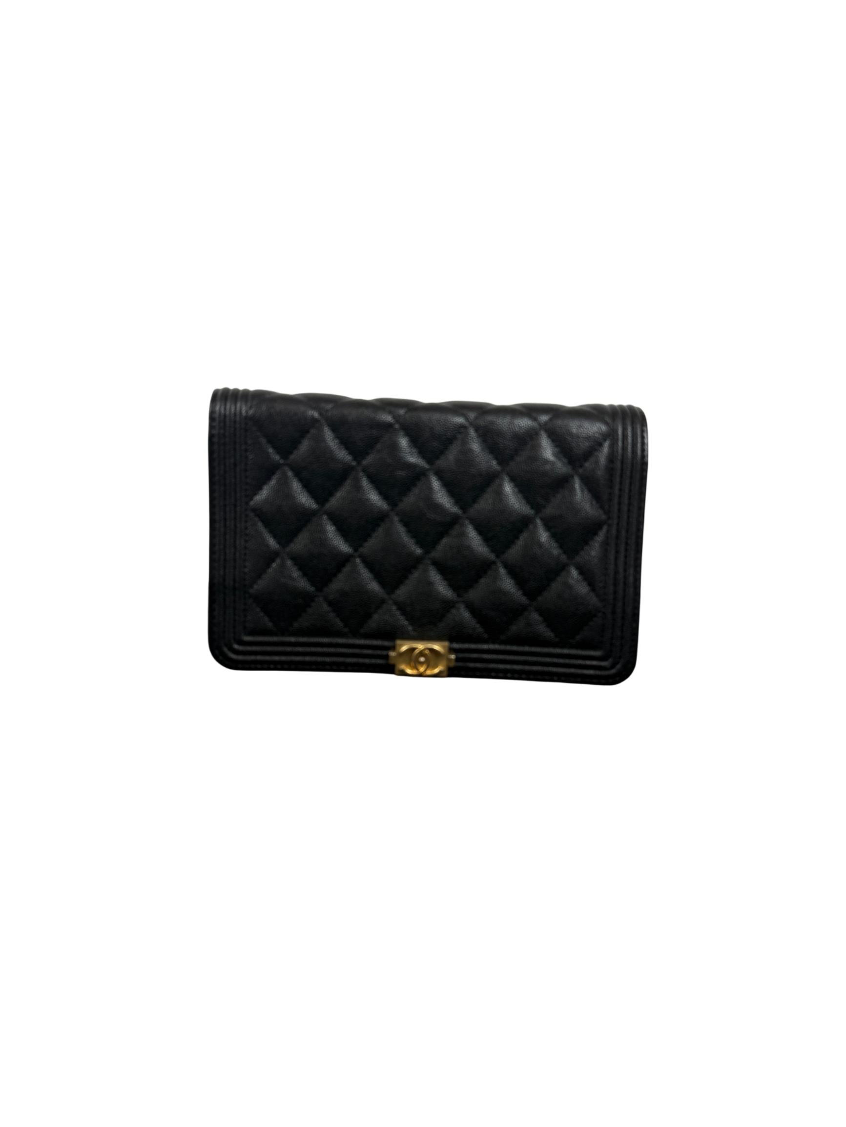 Chanel Boy Black Quilted Caviar Leather Wallet on Chain (WOC) with Gold Hardware