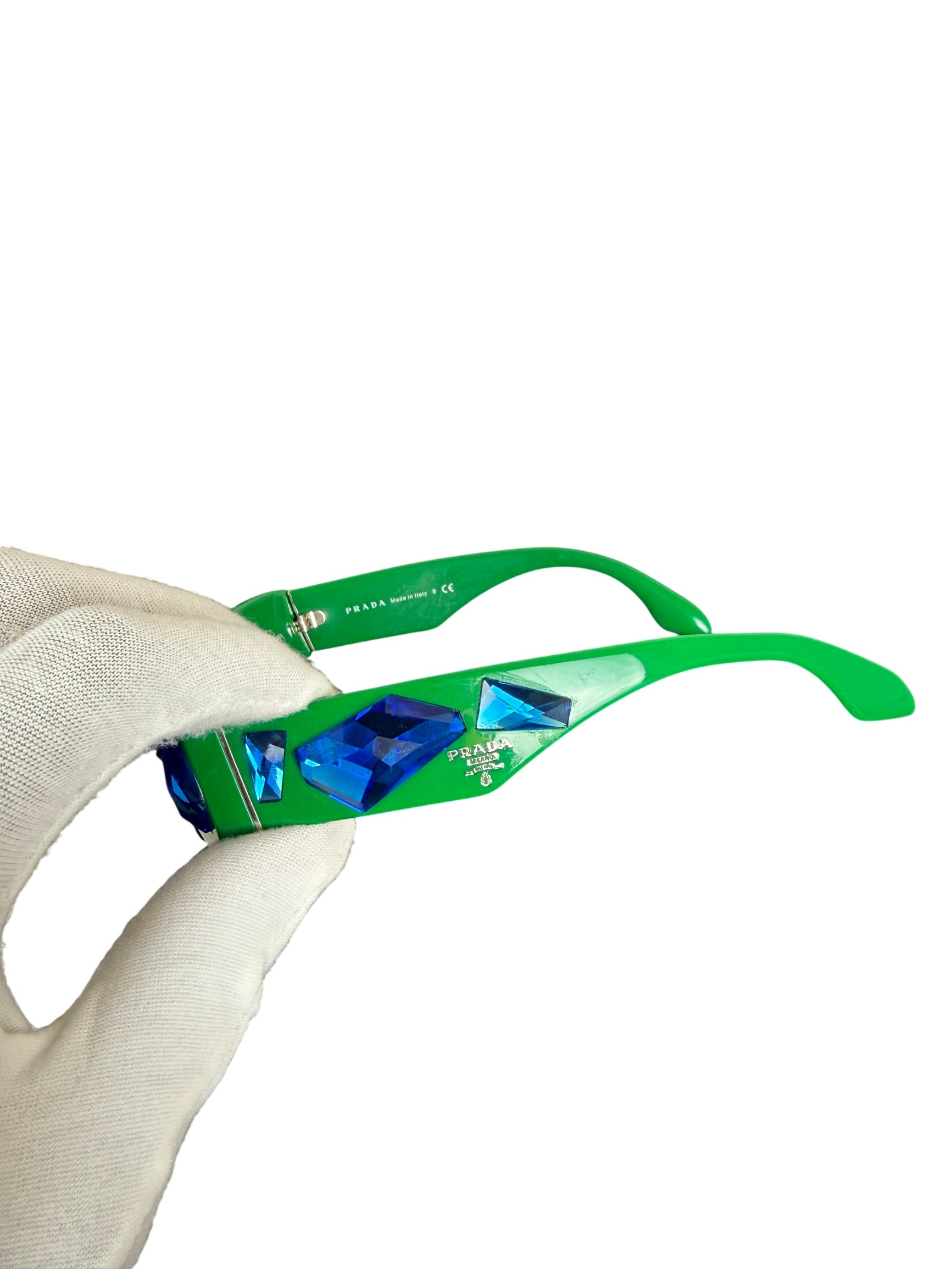Prada SPR 22Q Green Sunglasses with Blue Crystal Accents
