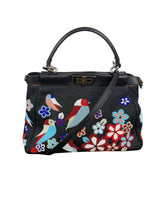Fendi Peekaboo Small Denim Handbag Beaded Bird Flower Motif