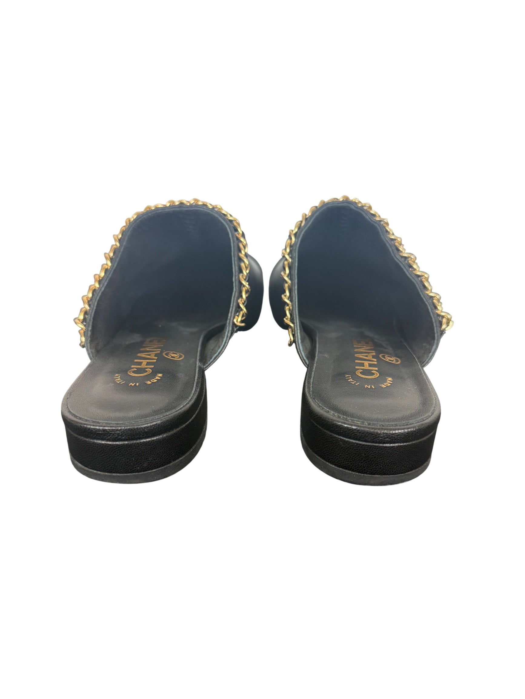 Chanel Black Leather Mules with Gold Chain and CC Logo