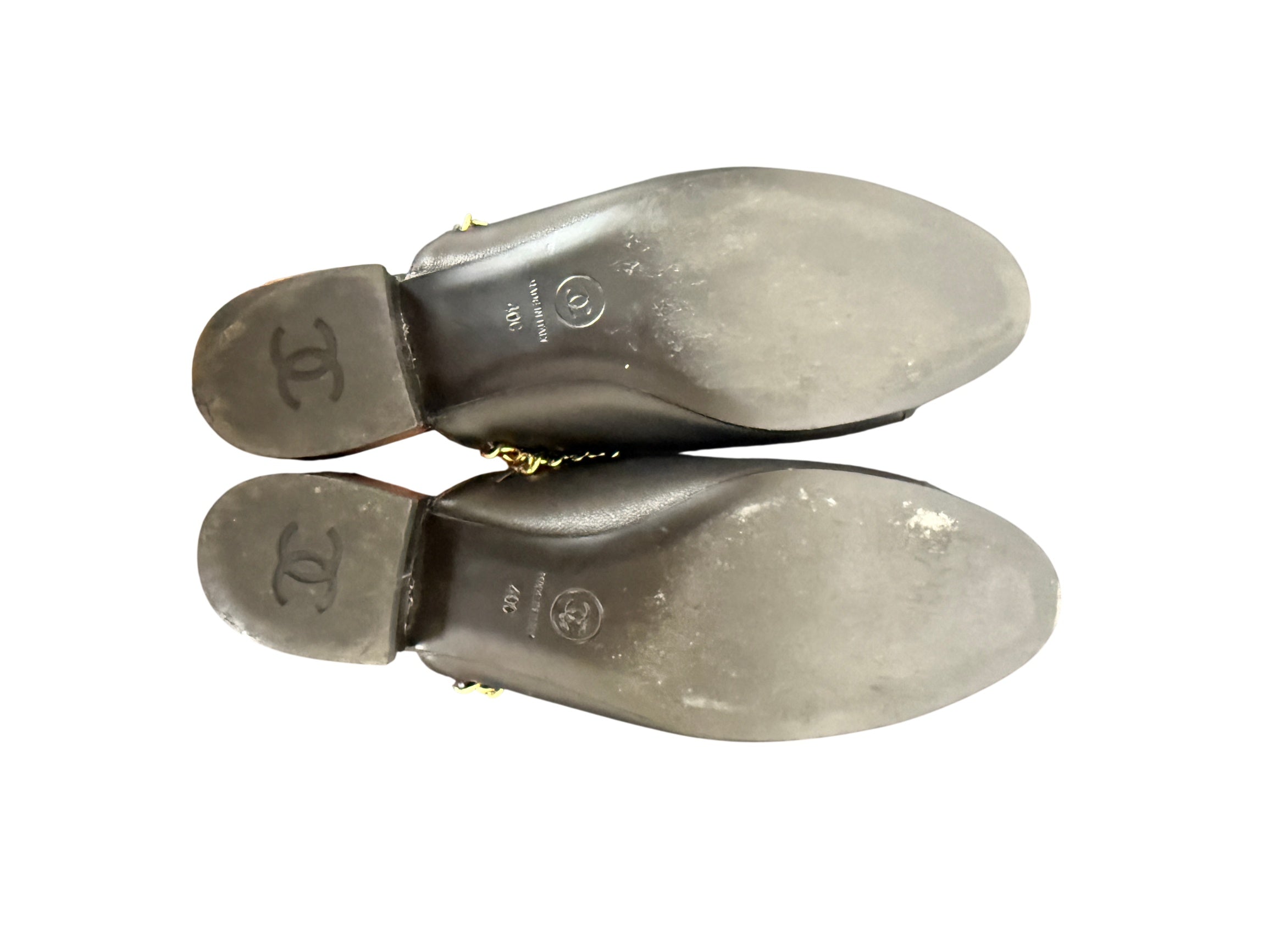 Chanel Black Leather Mules with Gold Chain and CC Logo