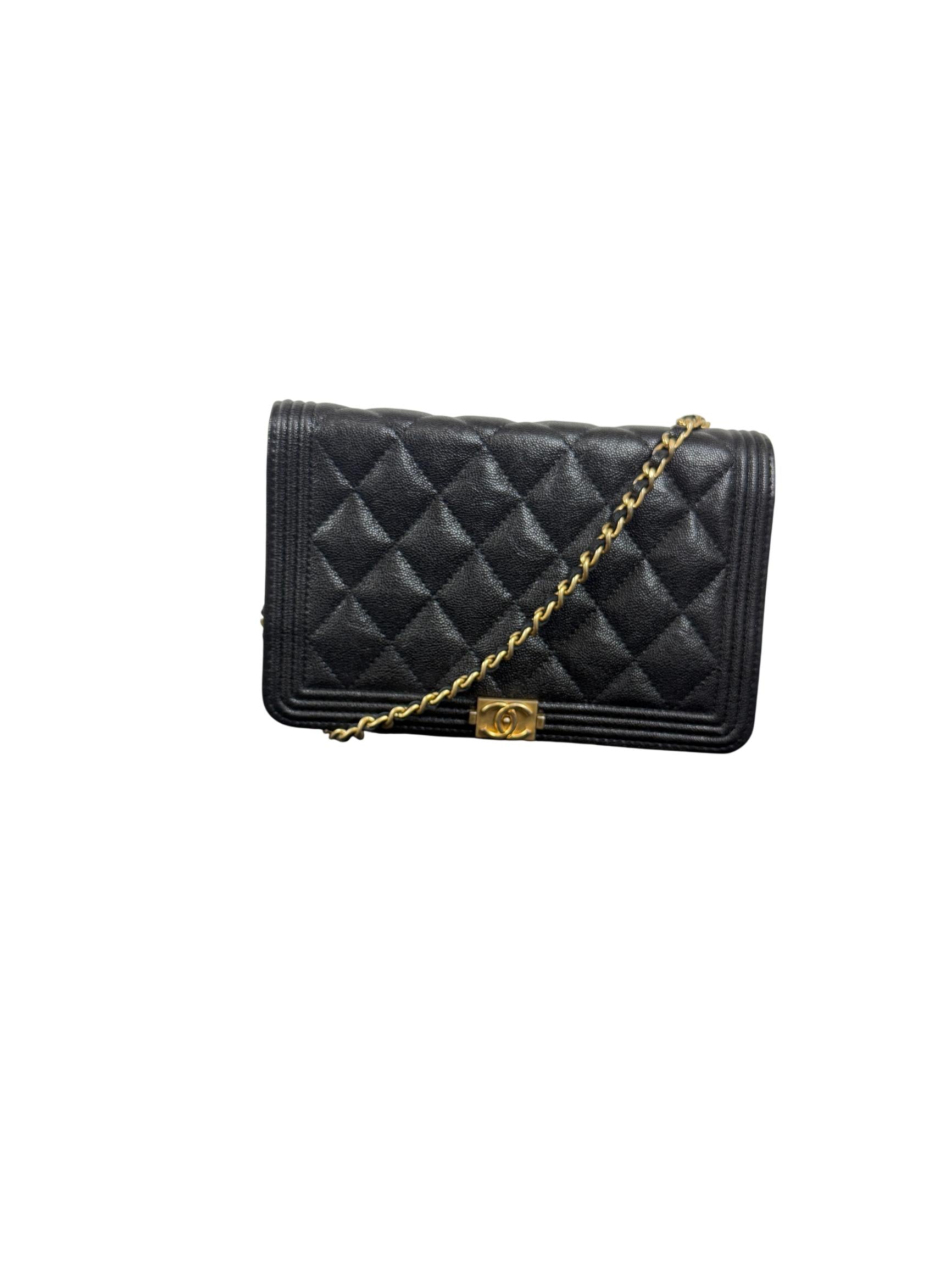 Chanel Boy Black Quilted Caviar Leather Wallet on Chain (WOC) with Gold Hardware