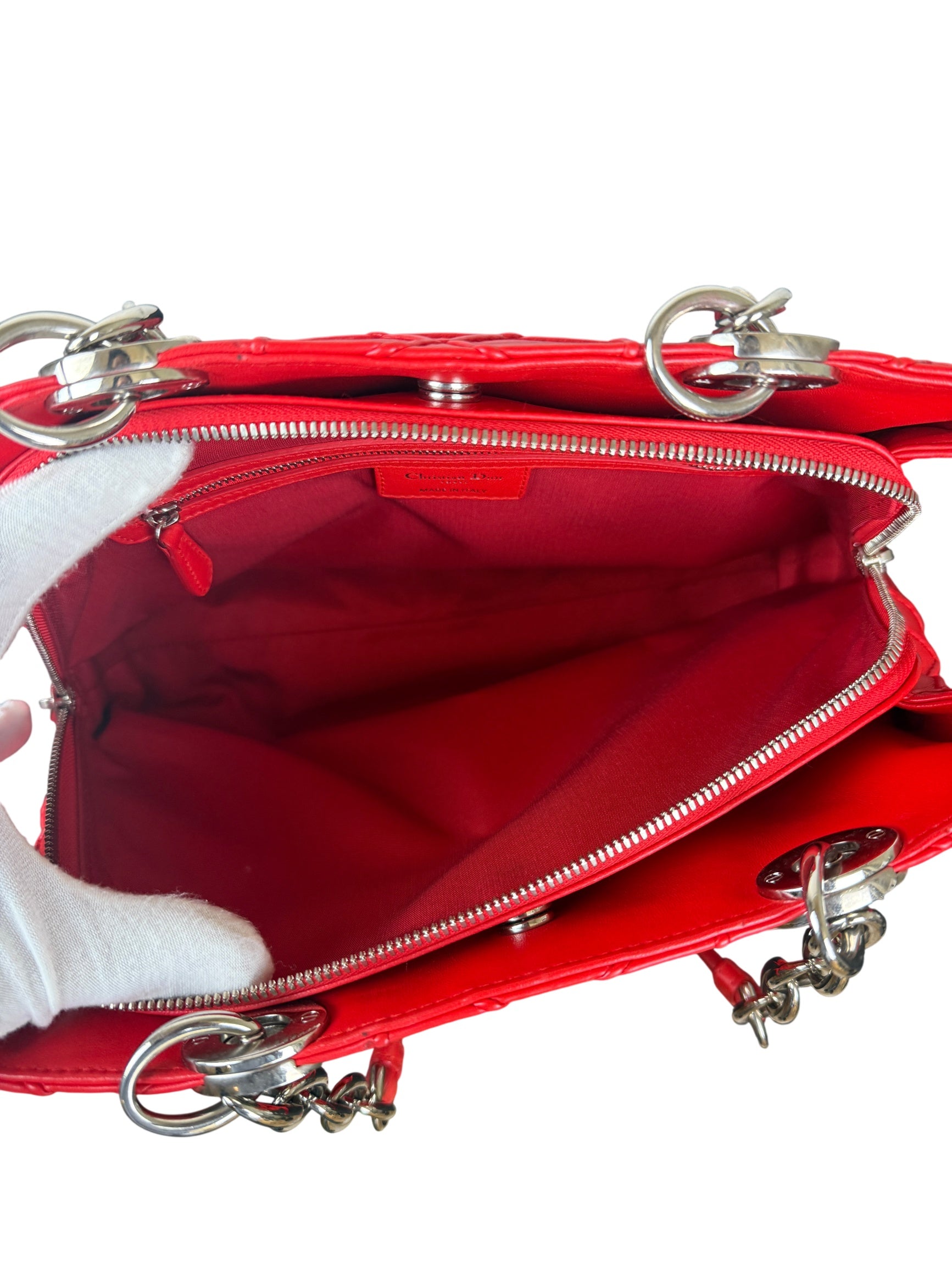 Dior Granville Red Cannage Quilted Leather Bag with Silver Chain Handle
