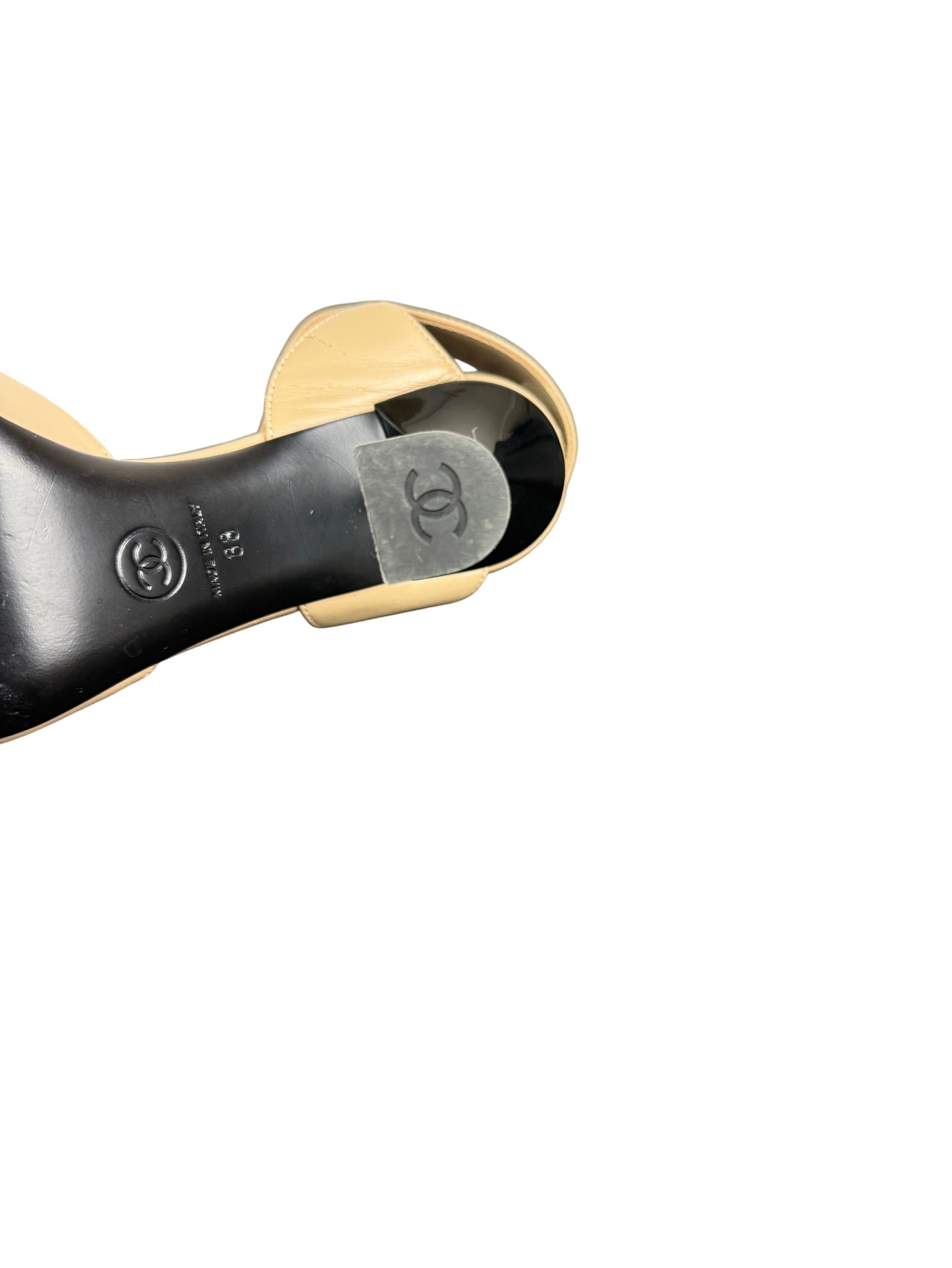 Chanel Beige & Black Leather Cap-Toe Slingback Heels with Gold Logo