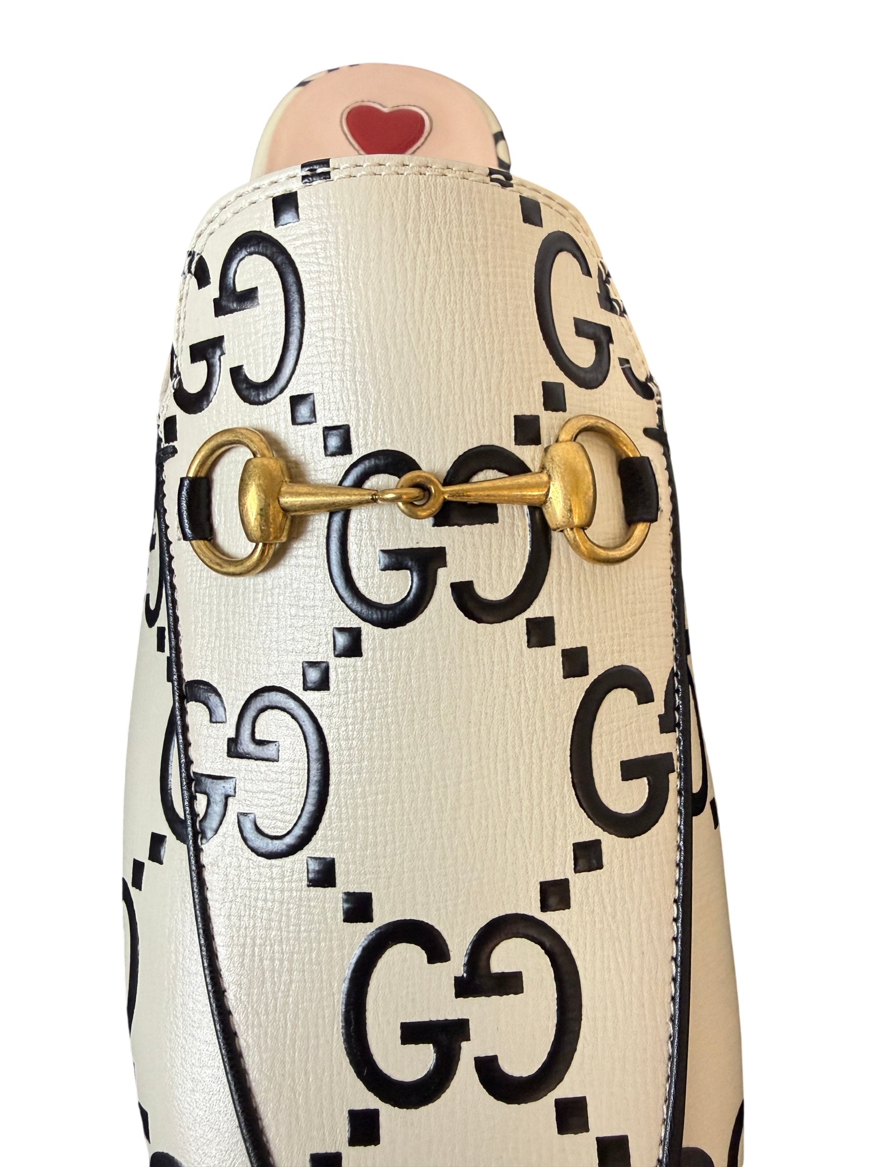 Gucci Princetown Mule Loafers GG with Gold Horsebit and Heart Detail