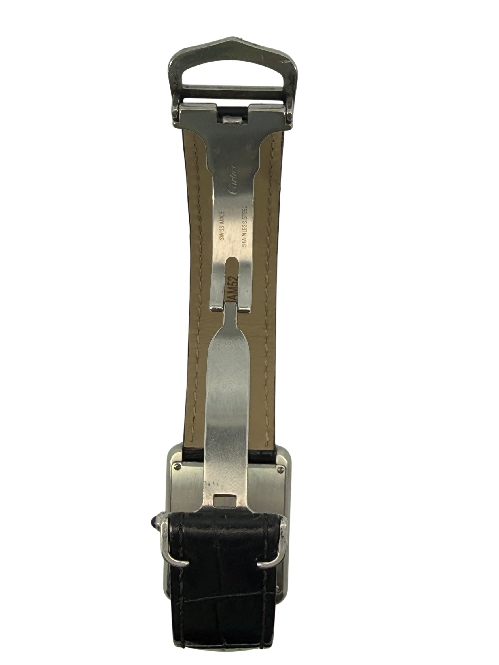 Cartier Tank Must Black Leather Strap Roman Numeral Watch Silver White Dial