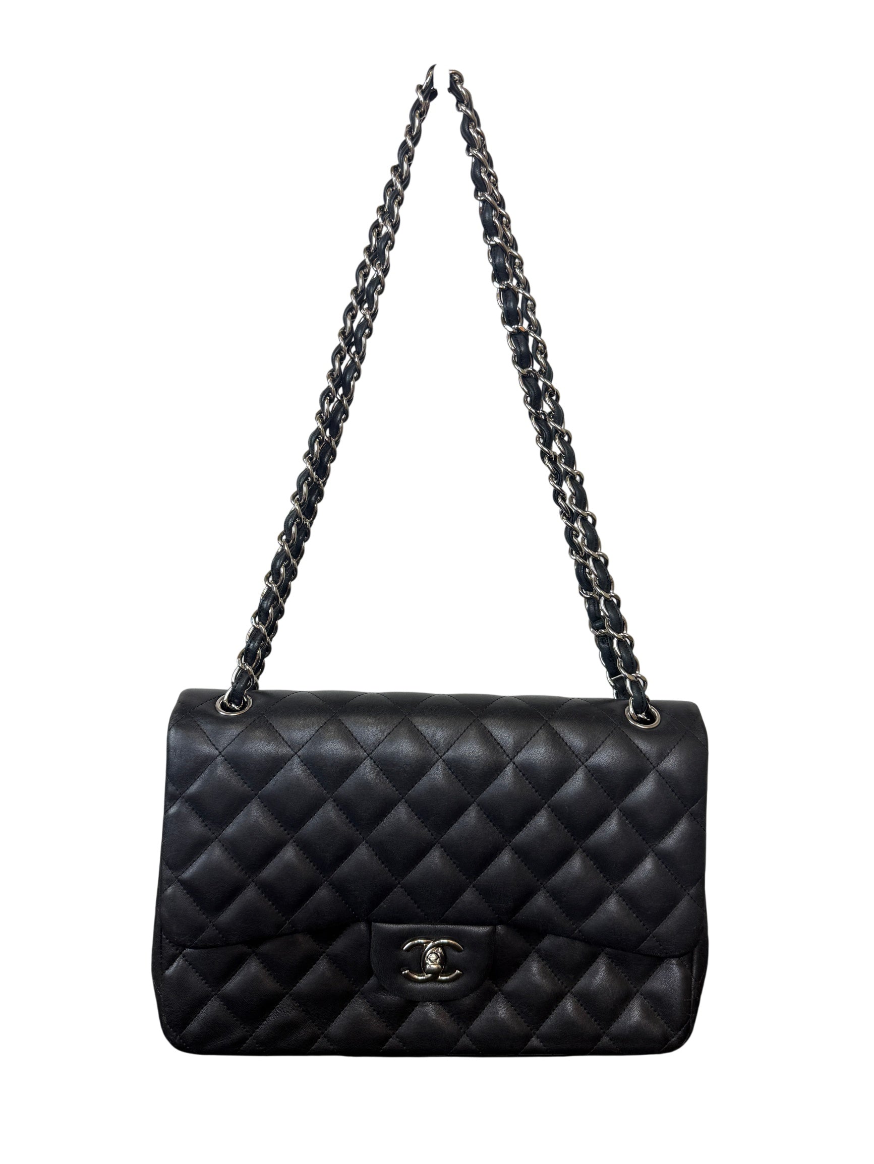 Chanel Black Quilted Jumbo Double Flap Bag with Silver Chain