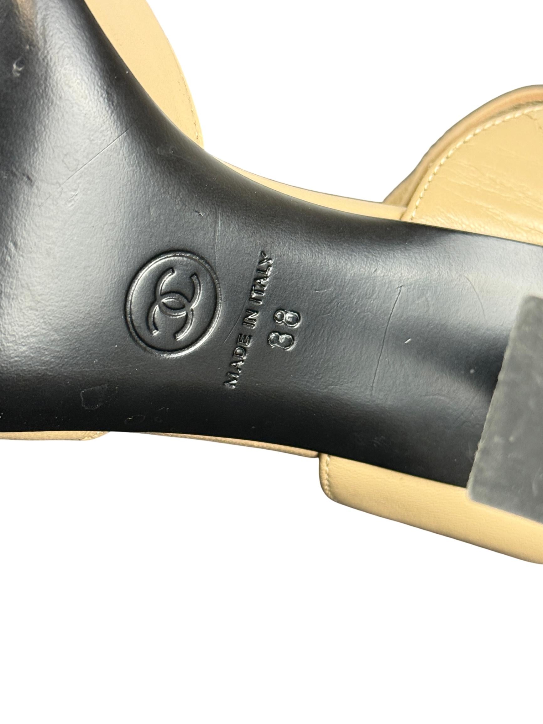 Chanel Beige & Black Leather Cap-Toe Slingback Heels with Gold Logo
