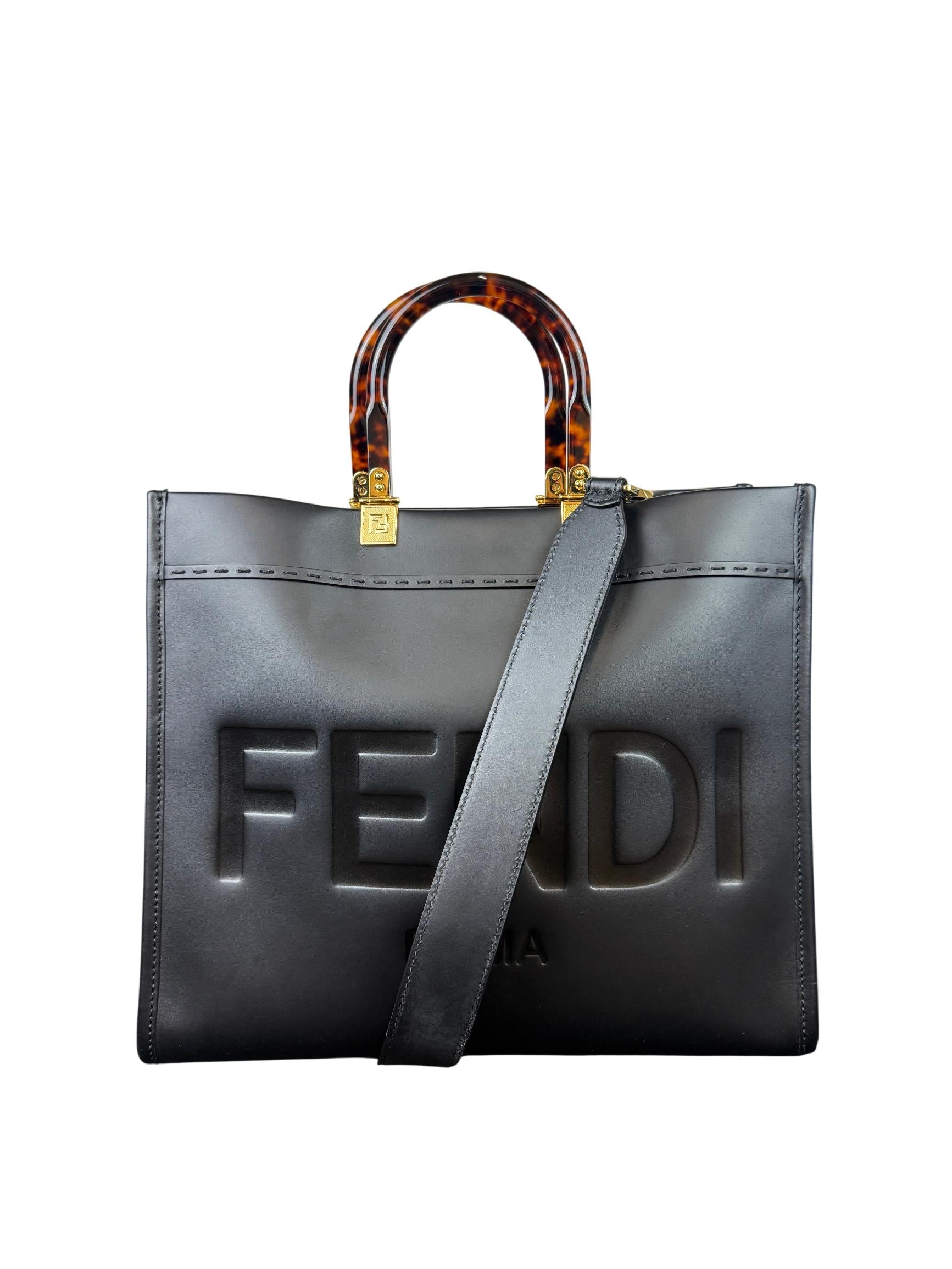 Fendi Sunshine Medium Black Calfskin Leather Tote Bag with Tortoise Shell Handle