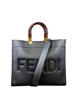 Fendi Sunshine Medium Black Calfskin Leather Tote Bag with Tortoise Shell Handle