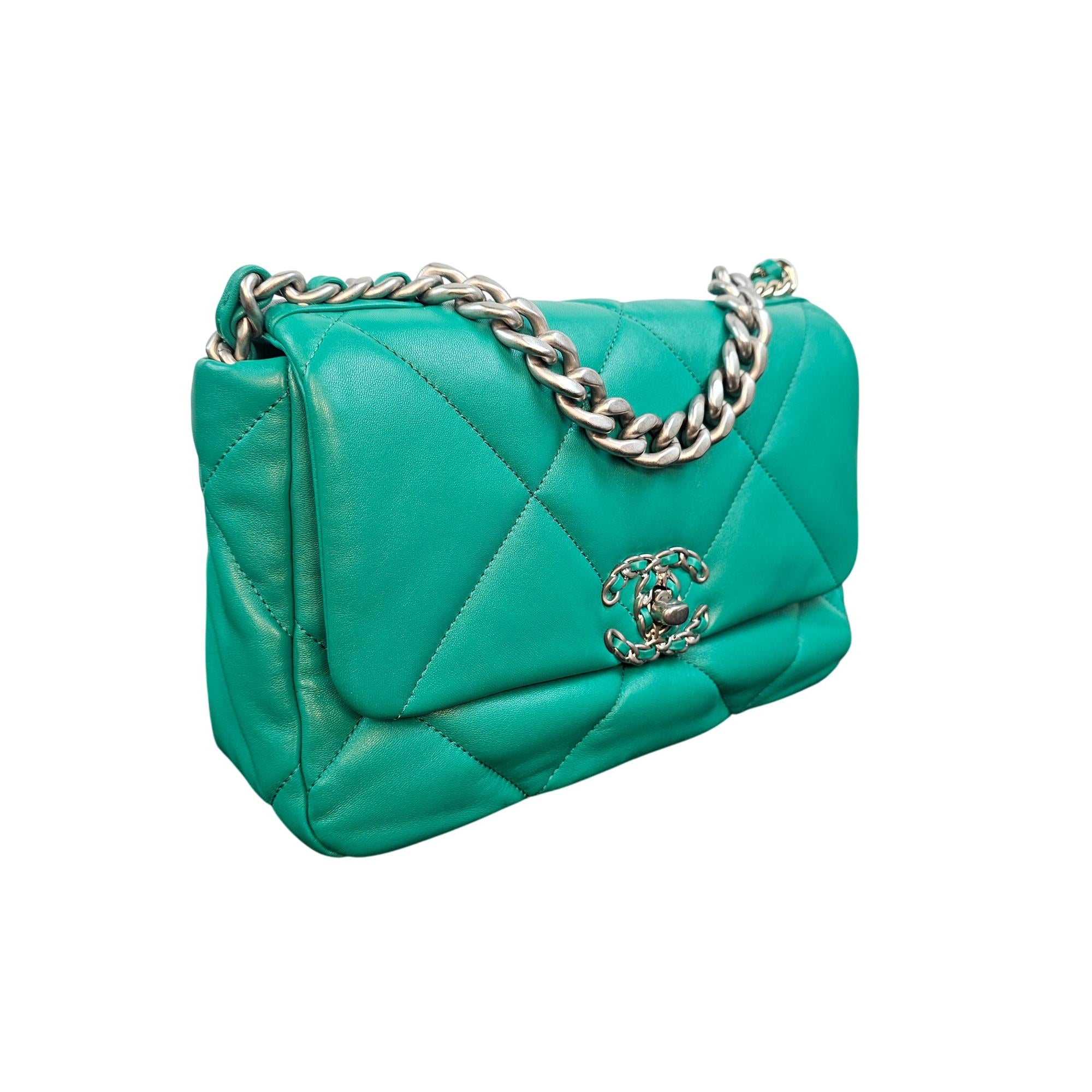Chanel 19 Green Lambskin Small Flap Bag with Multi-Tone Chain
