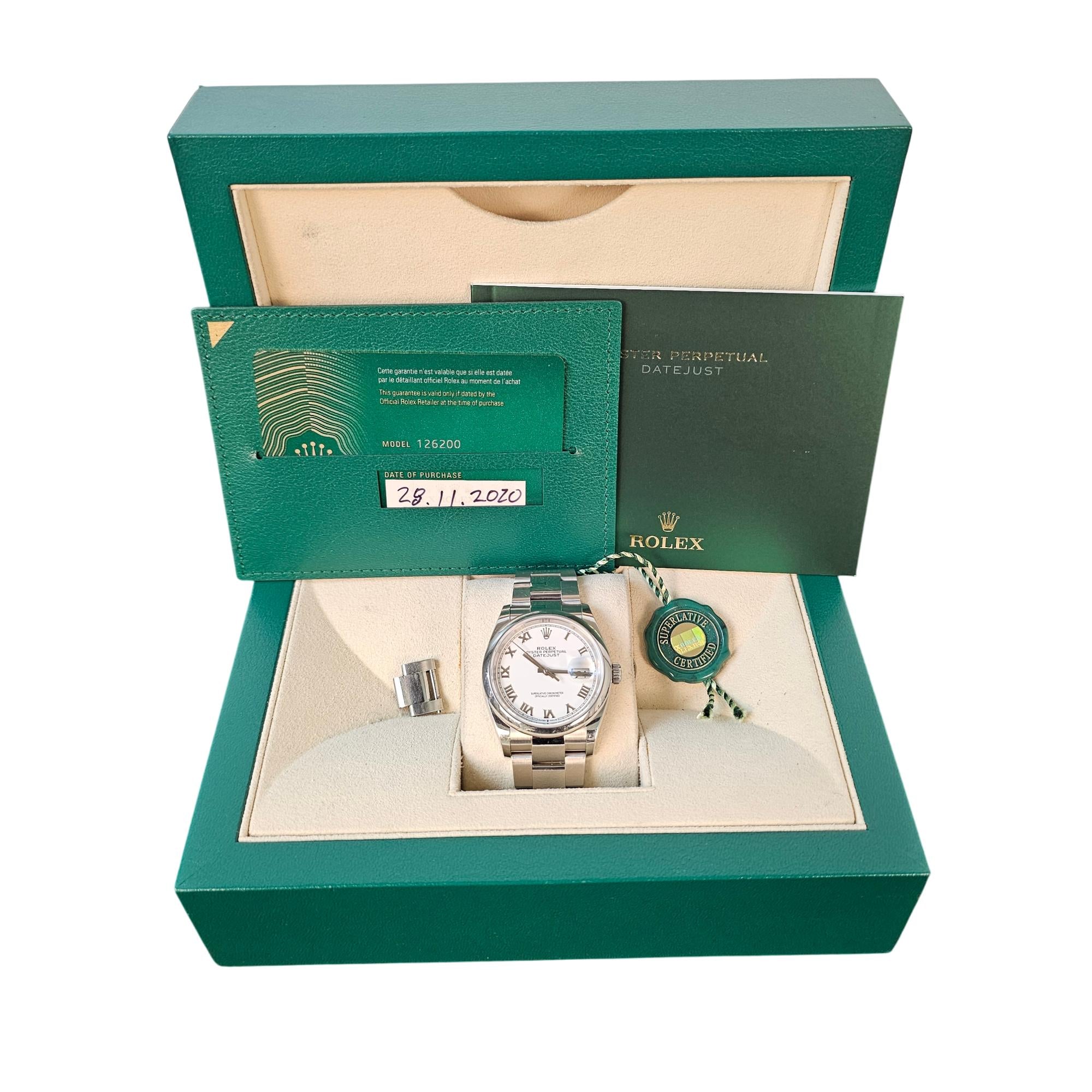 Rolex Oyster Perpetual Datejust 36mm SS 2020 White Roman Dial 116200