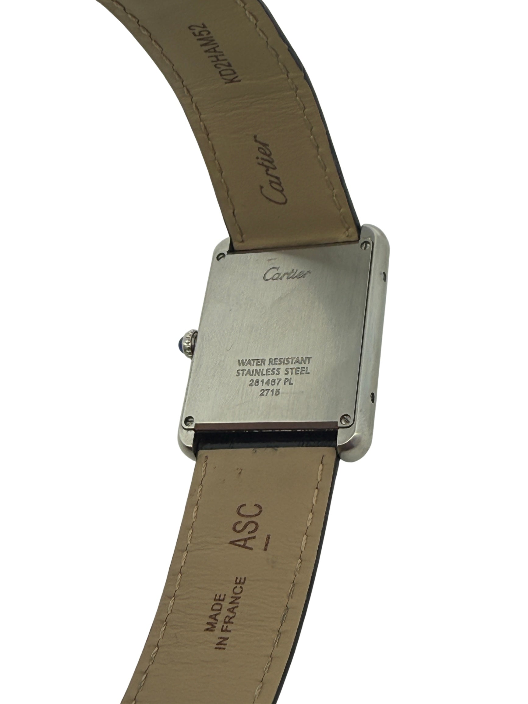 Cartier Tank Must Black Leather Strap Roman Numeral Watch Silver White Dial