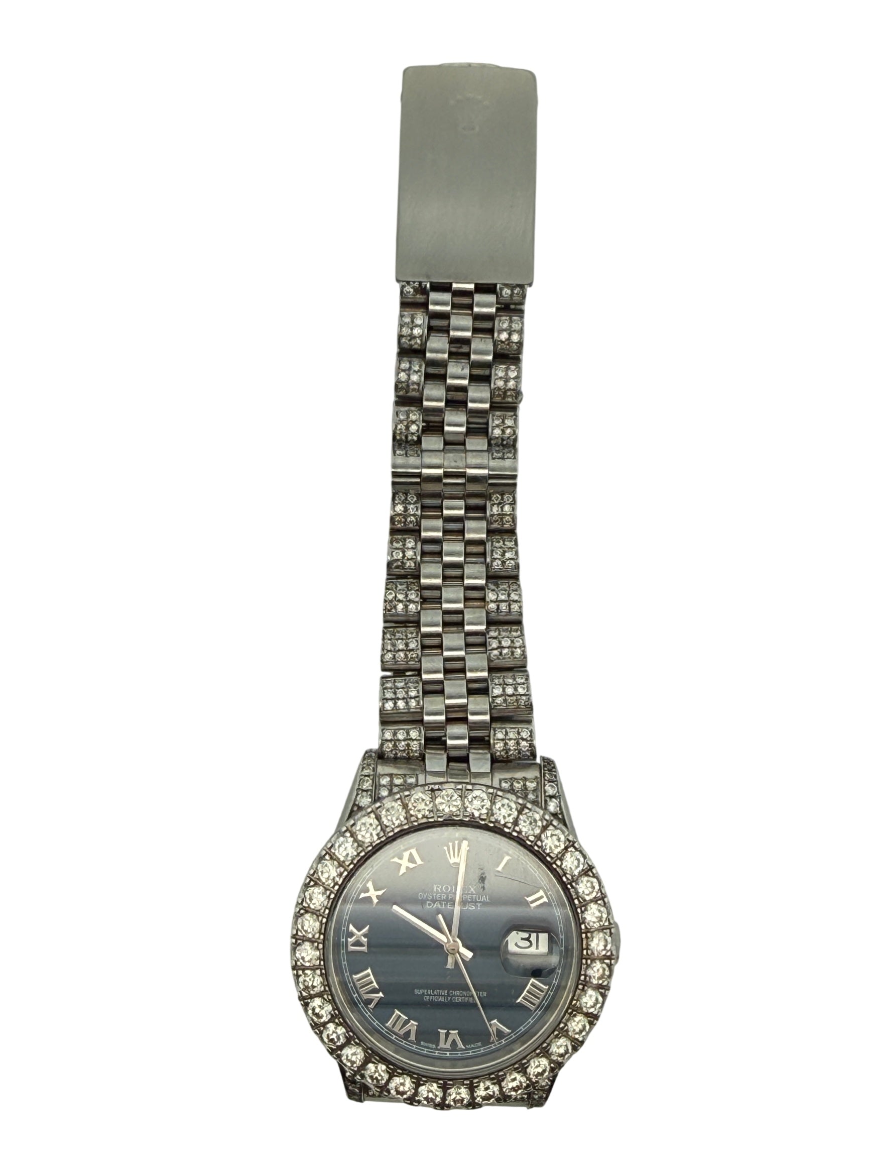 Rolex Oyster Perpetual Datejust 36mm , Roman Dial, Custom Diamond Bezel and Jubilee Band Stainless Steel Blue Dial