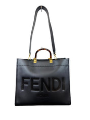 Fendi Sunshine Medium Black Calfskin Leather Tote Bag with Tortoise Shell Handle