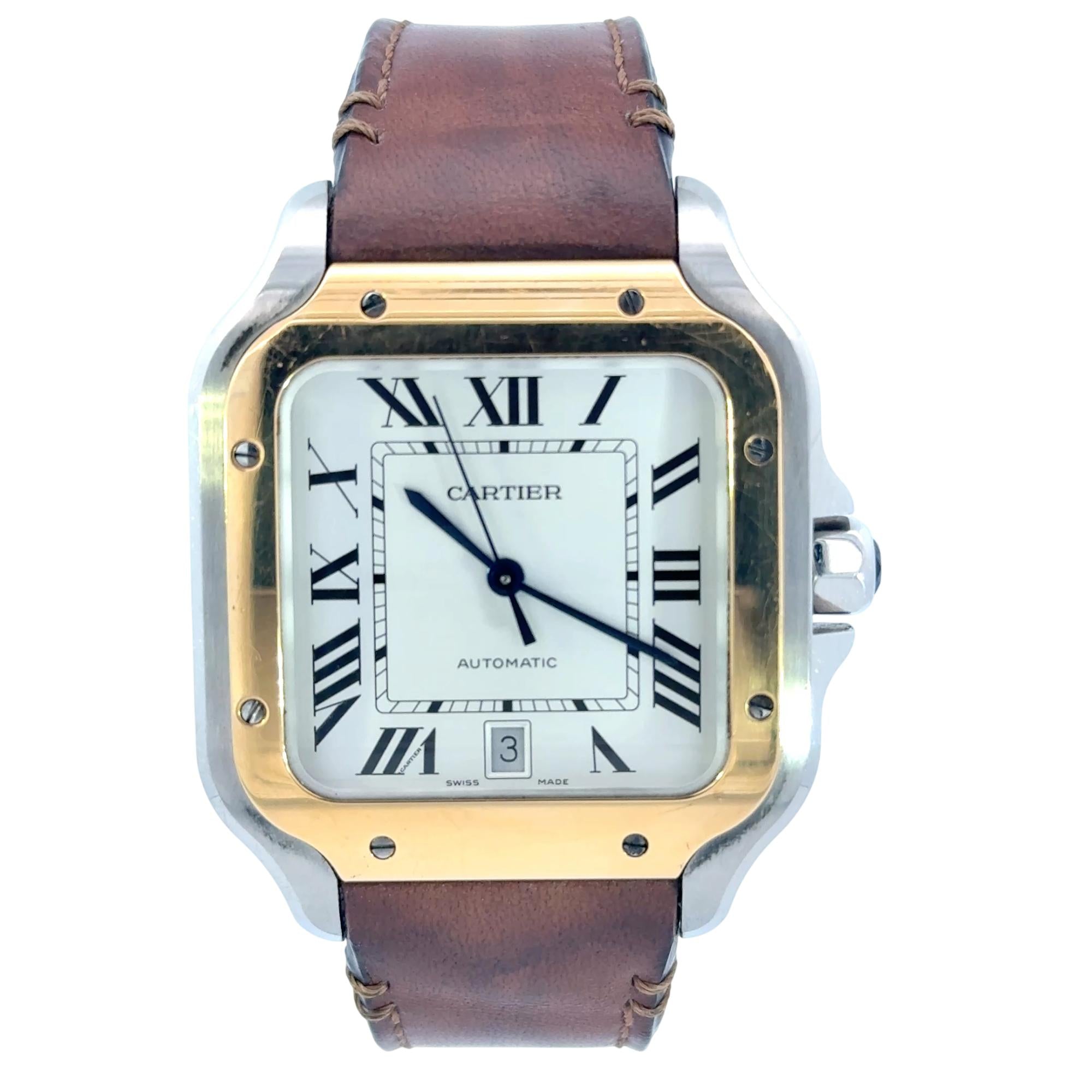 Cartier Santos Automatic Stainless Steel Watch with Custom Brown Epsom Leather Quickswitch Strap, Model 4072 35mm