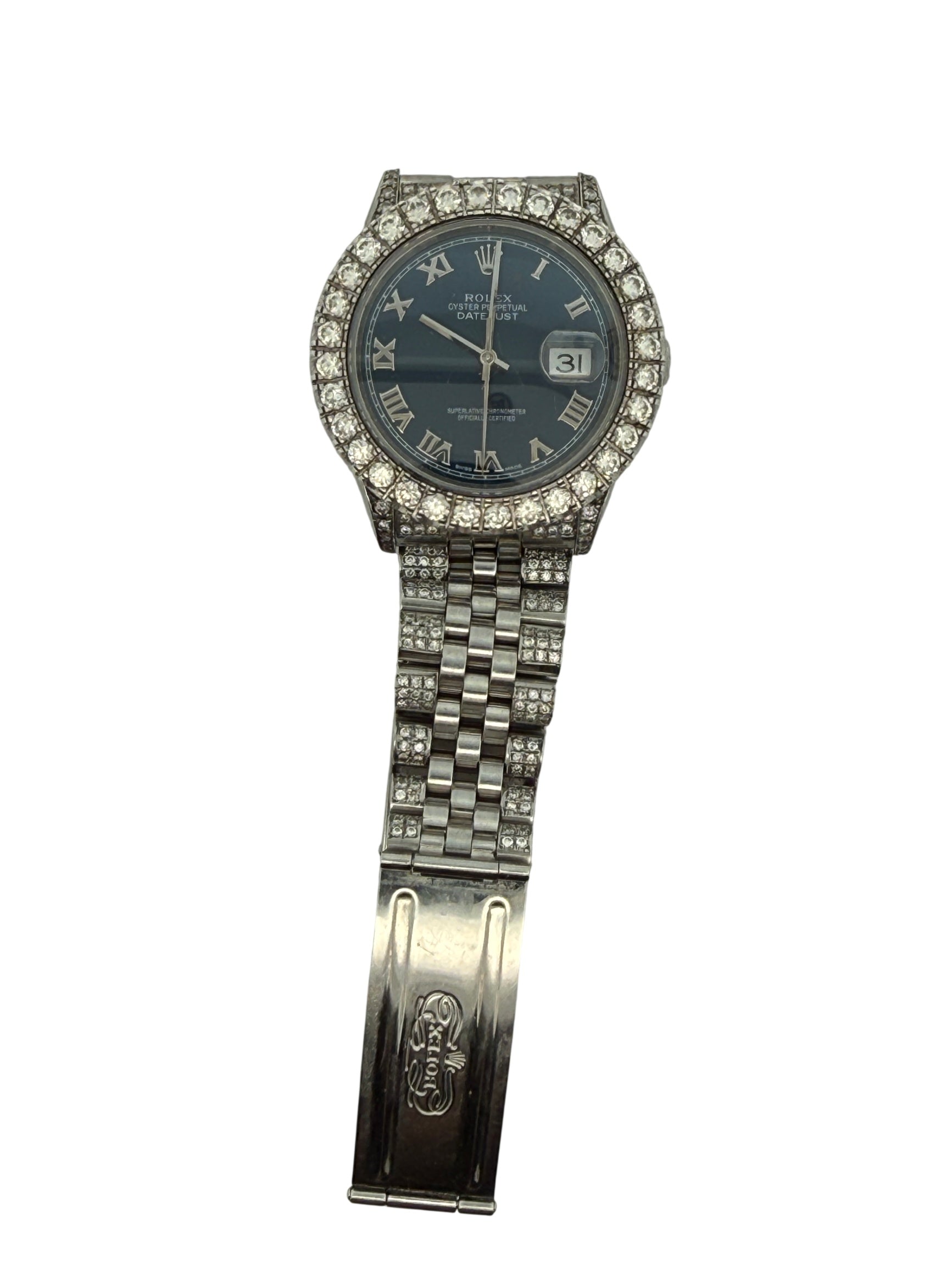 Rolex Oyster Perpetual Datejust 36mm , Roman Dial, Custom Diamond Bezel and Jubilee Band Stainless Steel Blue Dial