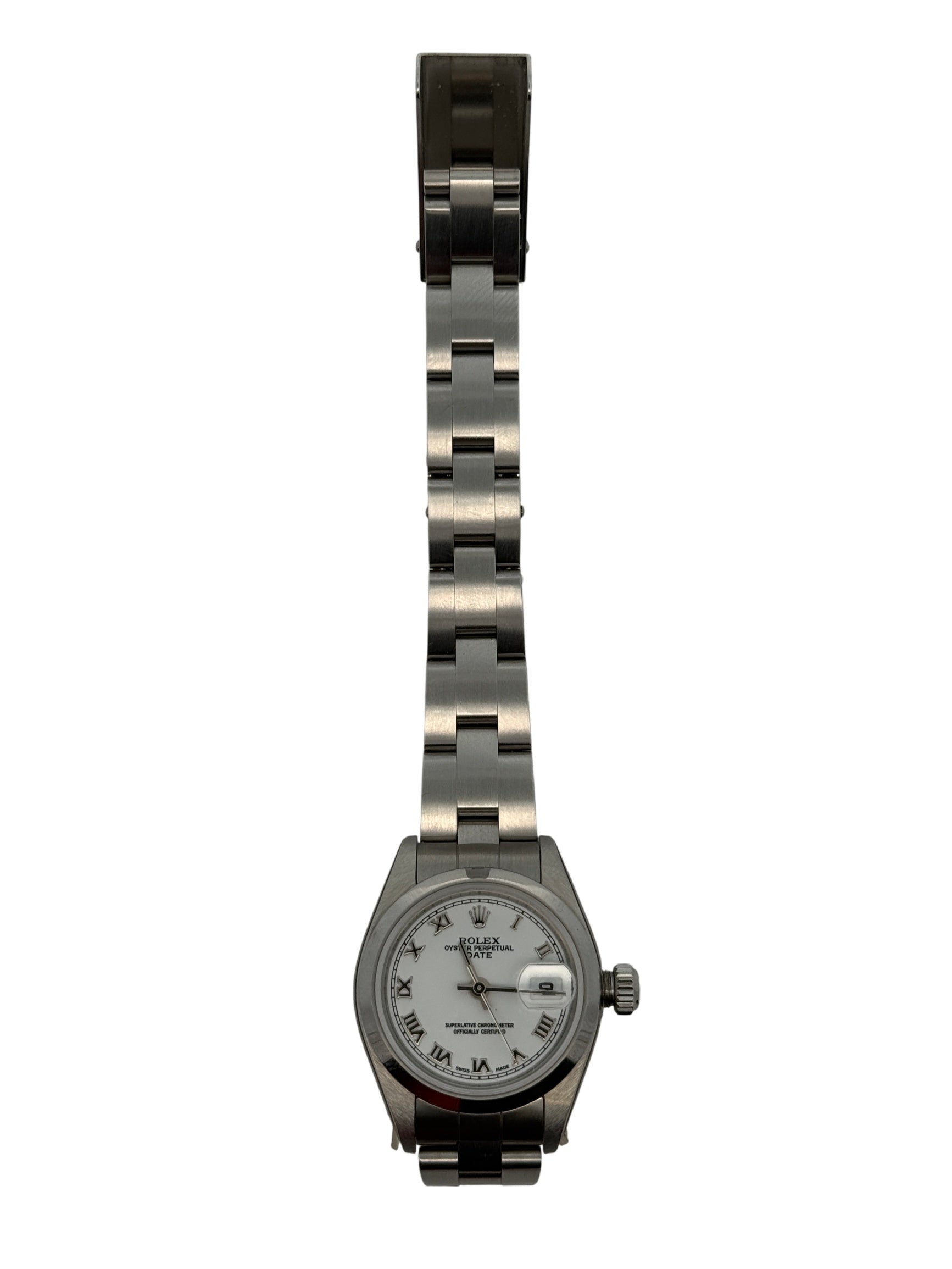 Rolex Oyster Perpetual Date 26 MM Silver Roman Dial Watch Stainless Steel White Dial