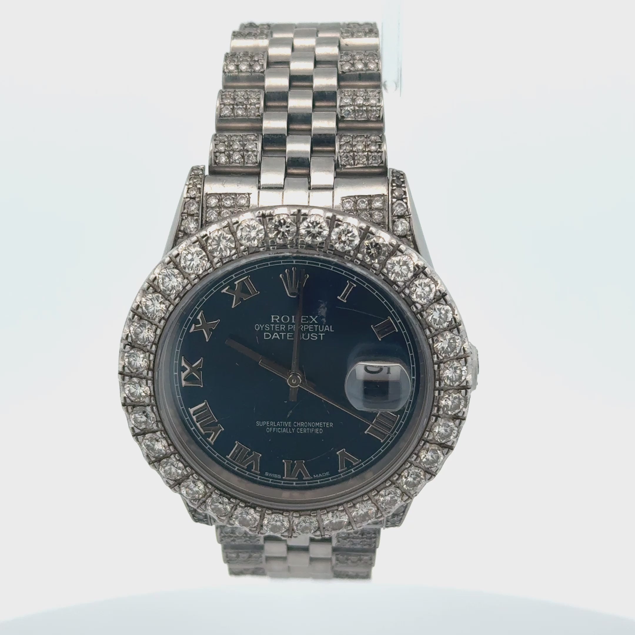 Rolex Oyster Perpetual Datejust 36mm , Roman Dial, Custom Diamond Bezel and Jubilee Band Stainless Steel Blue Dial