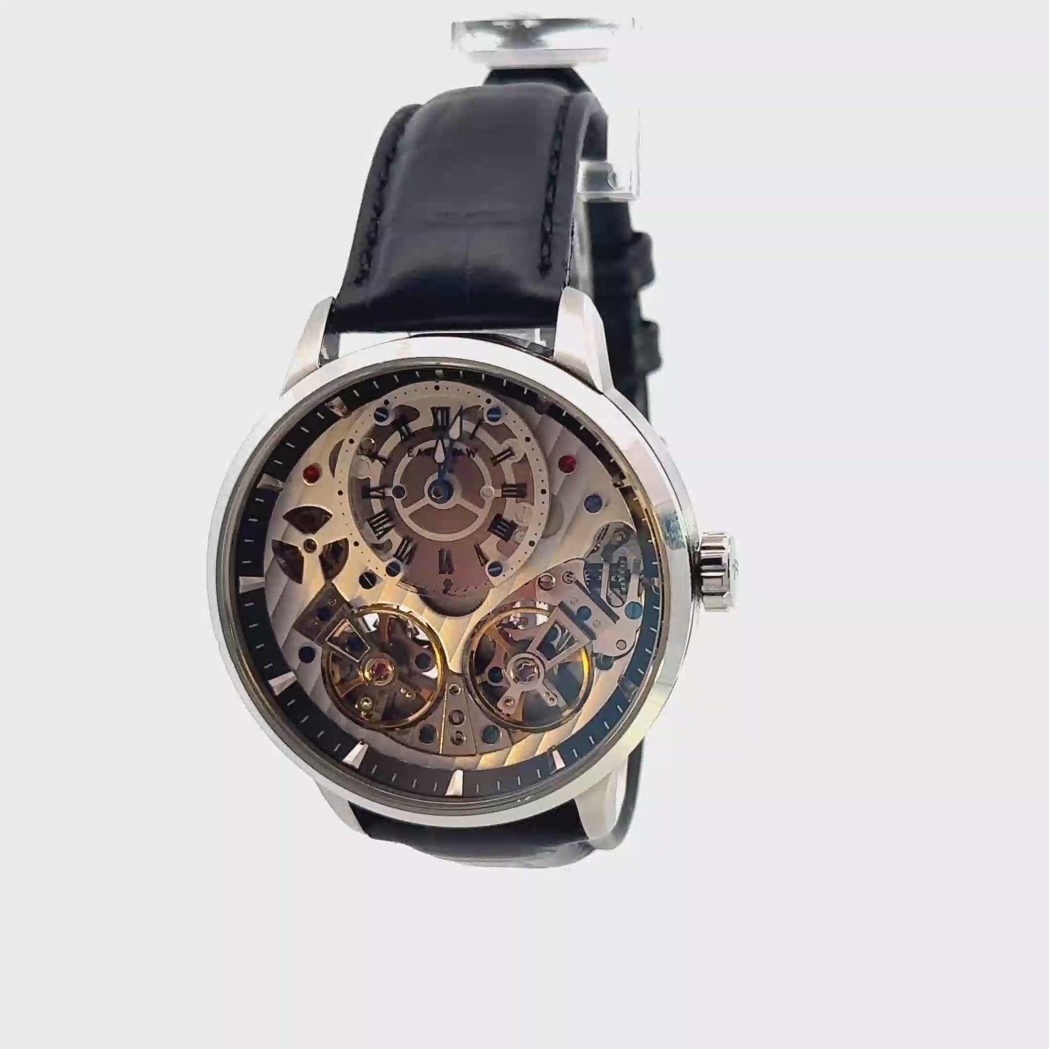 Thomas Earnshaw Brewster Double Barrel ES- 8273 42mm Automatic Steel Wristwatch with Black Leather Strap