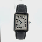 Cartier Tank Must Black Leather Strap Roman Numeral Watch Silver White Dial
