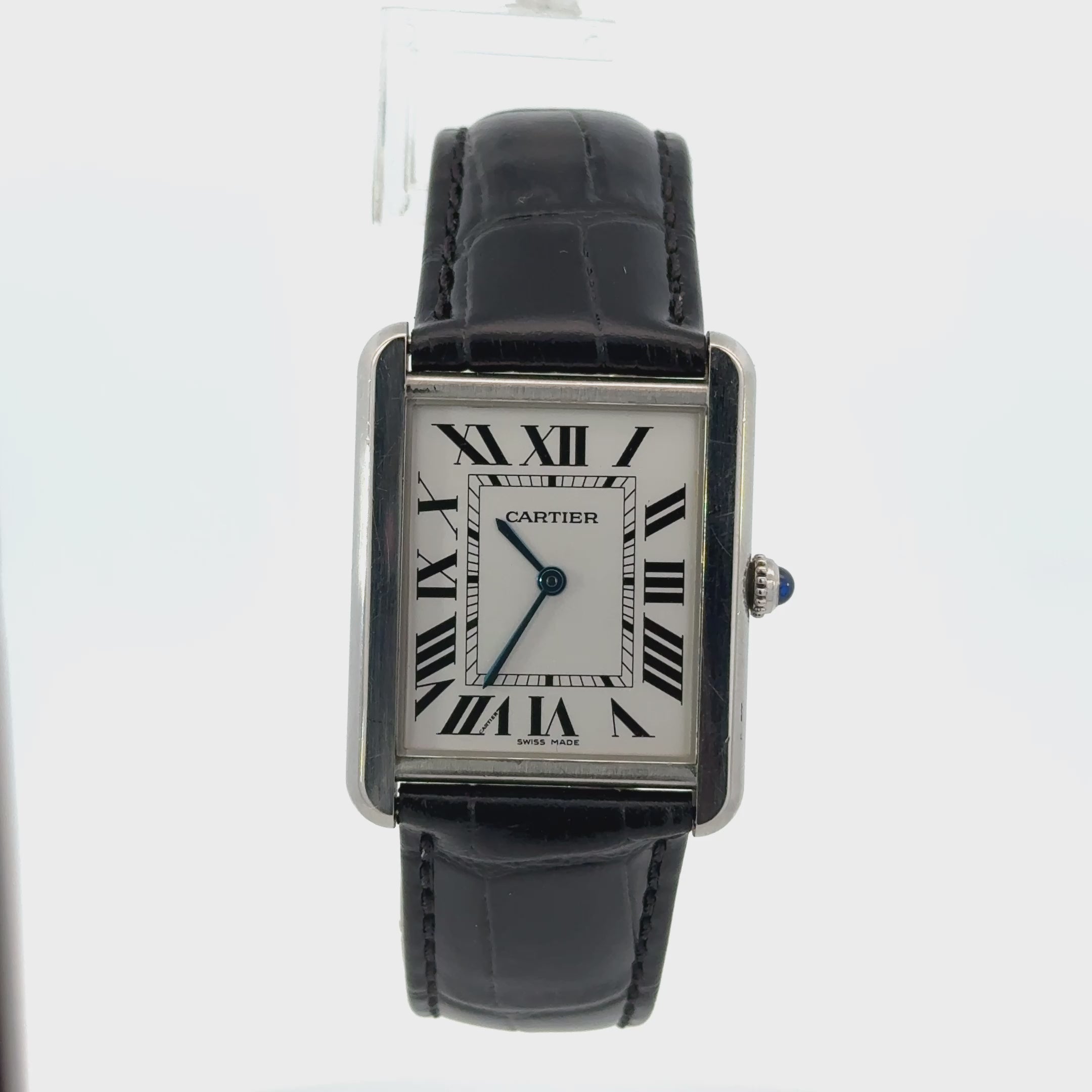 Cartier Tank Must Black Leather Strap Roman Numeral Watch Silver White Dial