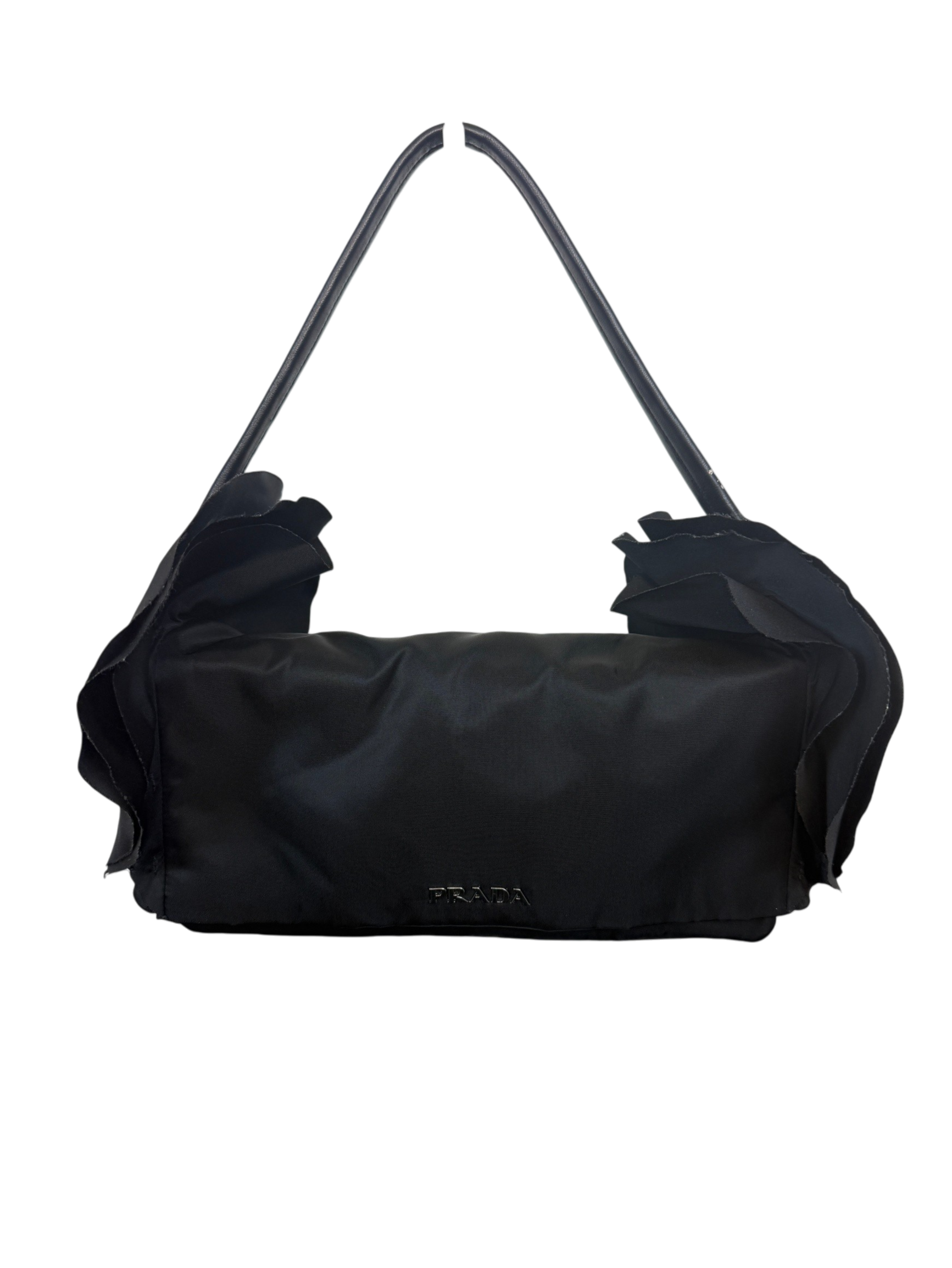 Prada Tessuto Ruffle Shoulder Bag Black Nylon