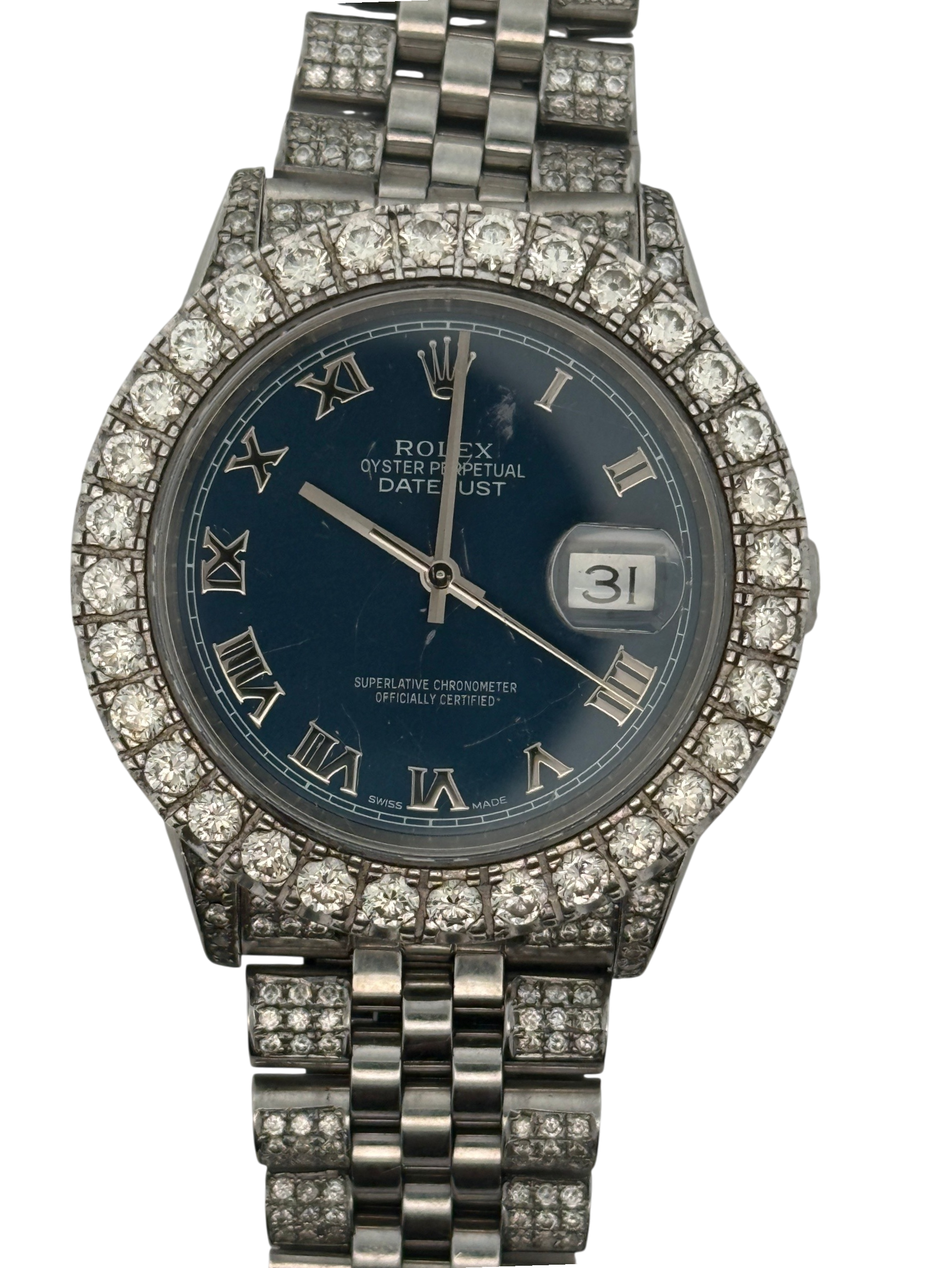 Rolex Oyster Perpetual Datejust 36mm , Roman Dial, Custom Diamond Bezel and Jubilee Band Stainless Steel Blue Dial