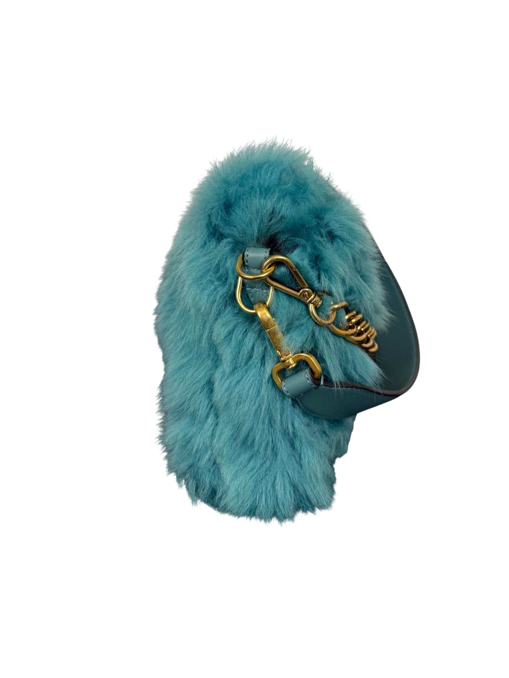 Fendi Baguette Large Shearling Shoulder Bag Blue with Gold Chain