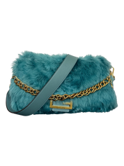 Fendi Baguette Large Shearling Shoulder Bag Blue with Gold Chain