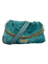Fendi Baguette Large Shearling Shoulder Bag Blue with Gold Chain