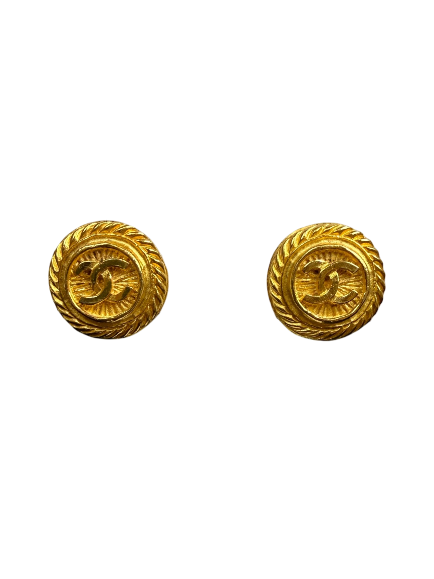 Vintage CC Logo Round Gold Plated Clip-On Earrings Chanel Gold Plated Brass