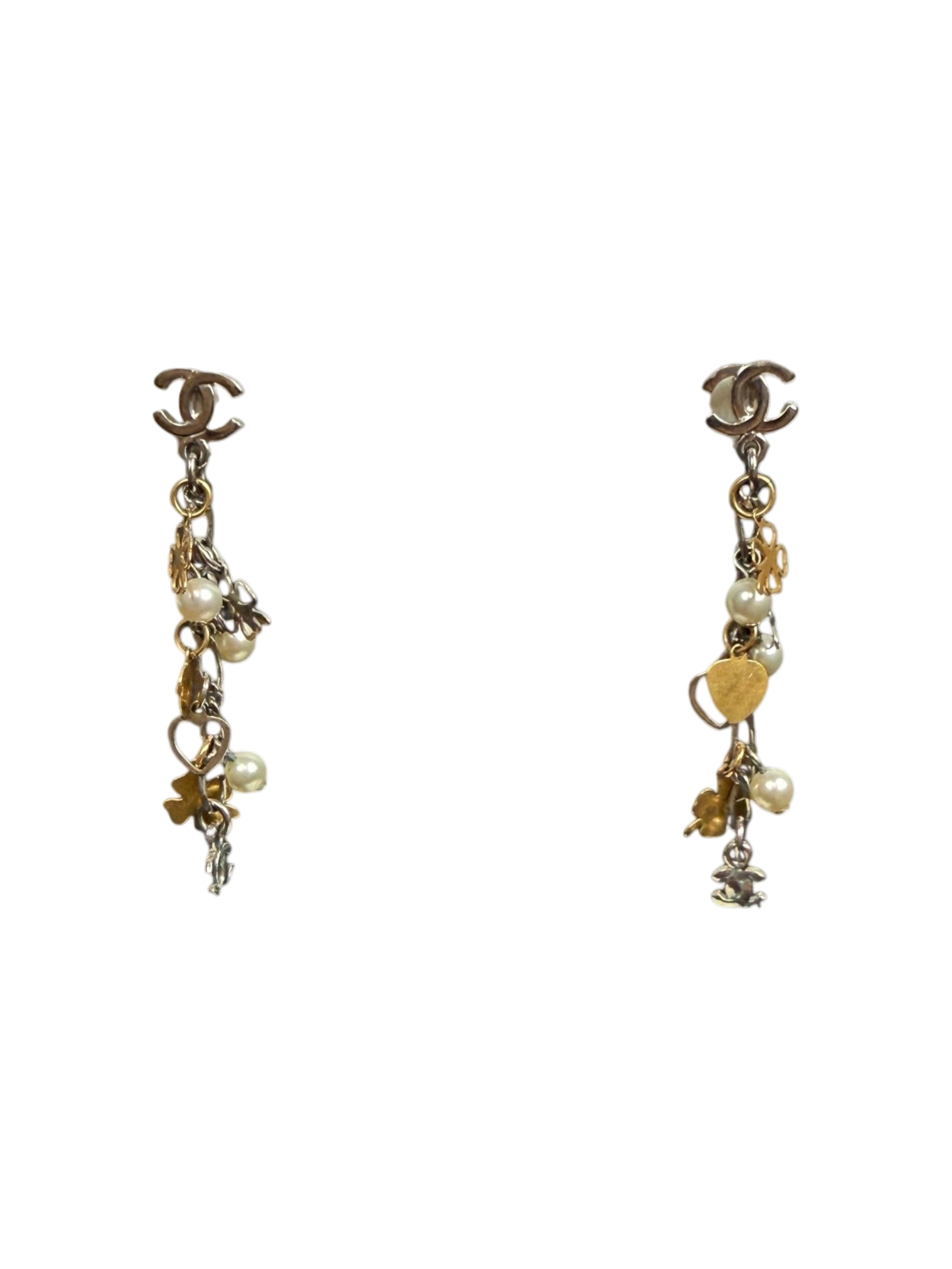 CC Logos Clover Heart Pearl Dangle Earrings, Silver & Gold Mixed Charms Chanel Metal, Faux Pearl