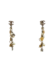 CC Logos Clover Heart Pearl Dangle Earrings, Silver & Gold Mixed Charms Chanel Metal, Faux Pearl
