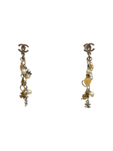 CC Logos Clover Heart Pearl Dangle Earrings, Silver & Gold Mixed Charms Chanel Metal, Faux Pearl