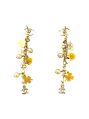 CC Logos Clover Heart Pearl Dangle Earrings, Silver & Gold Mixed Charms Chanel Metal, Faux Pearl