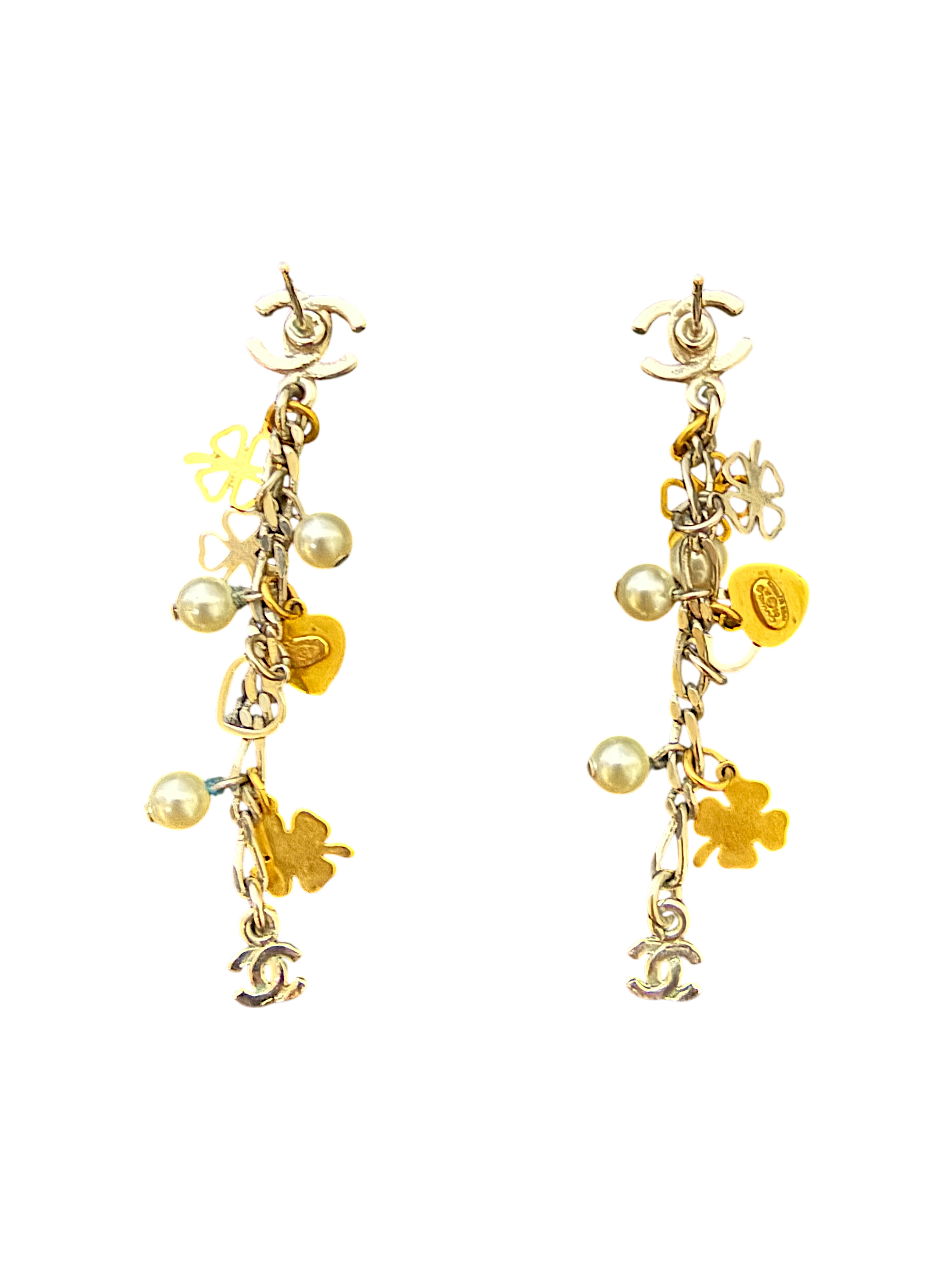 CC Logos Clover Heart Pearl Dangle Earrings, Silver & Gold Mixed Charms Chanel Metal, Faux Pearl
