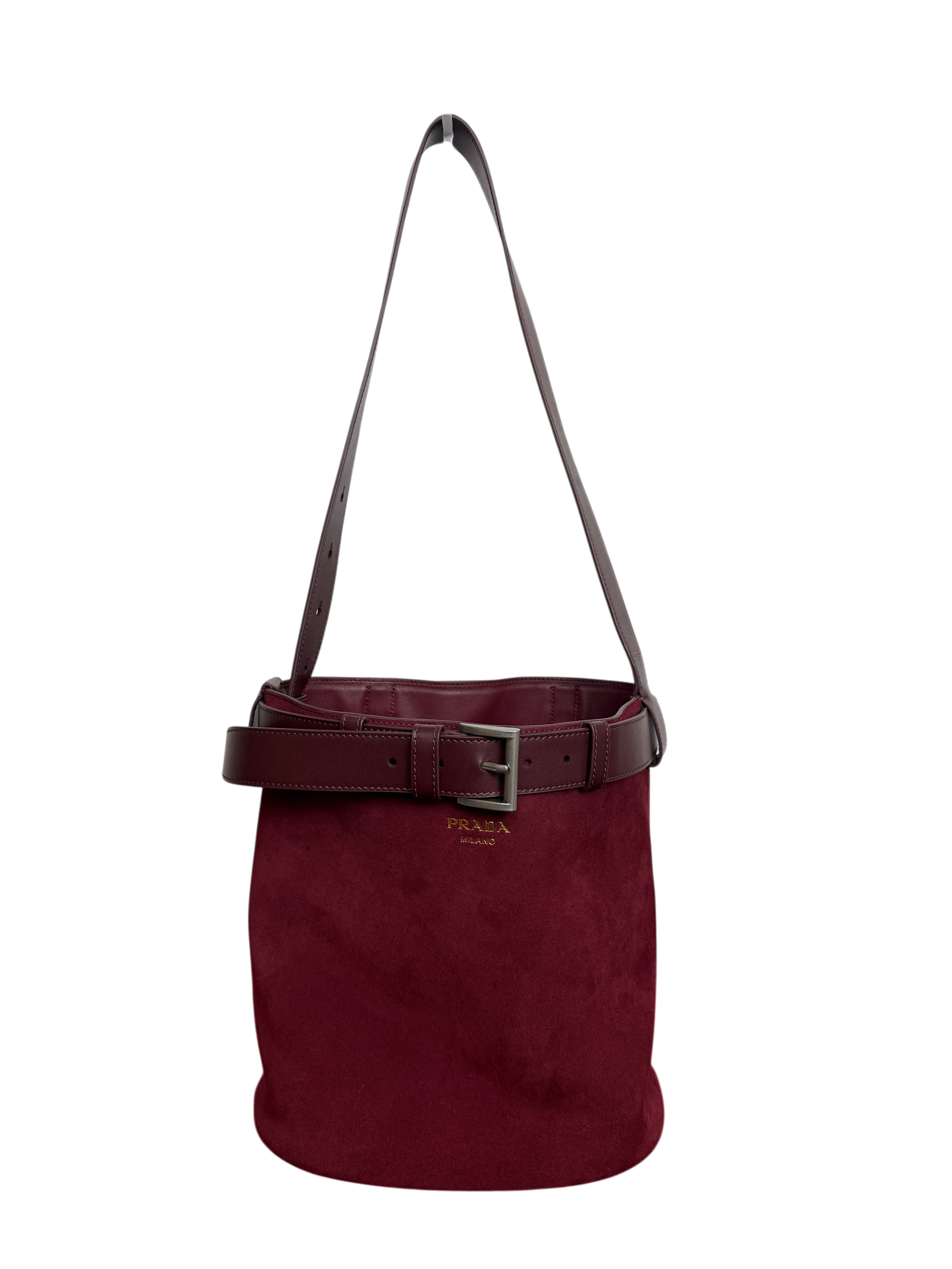 Prada Burgundy Suede Belted Bucket Bag
