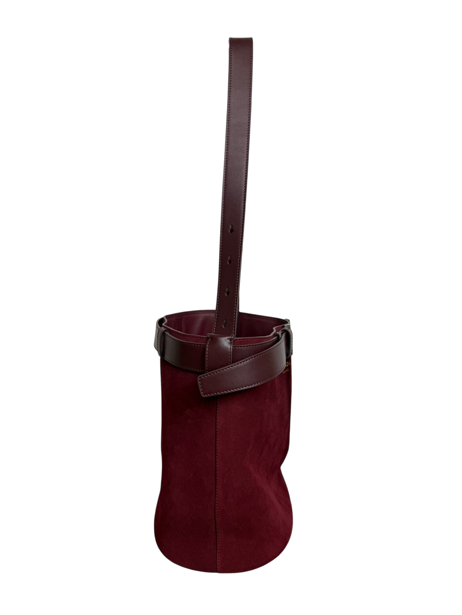 Prada Burgundy Suede Belted Bucket Bag