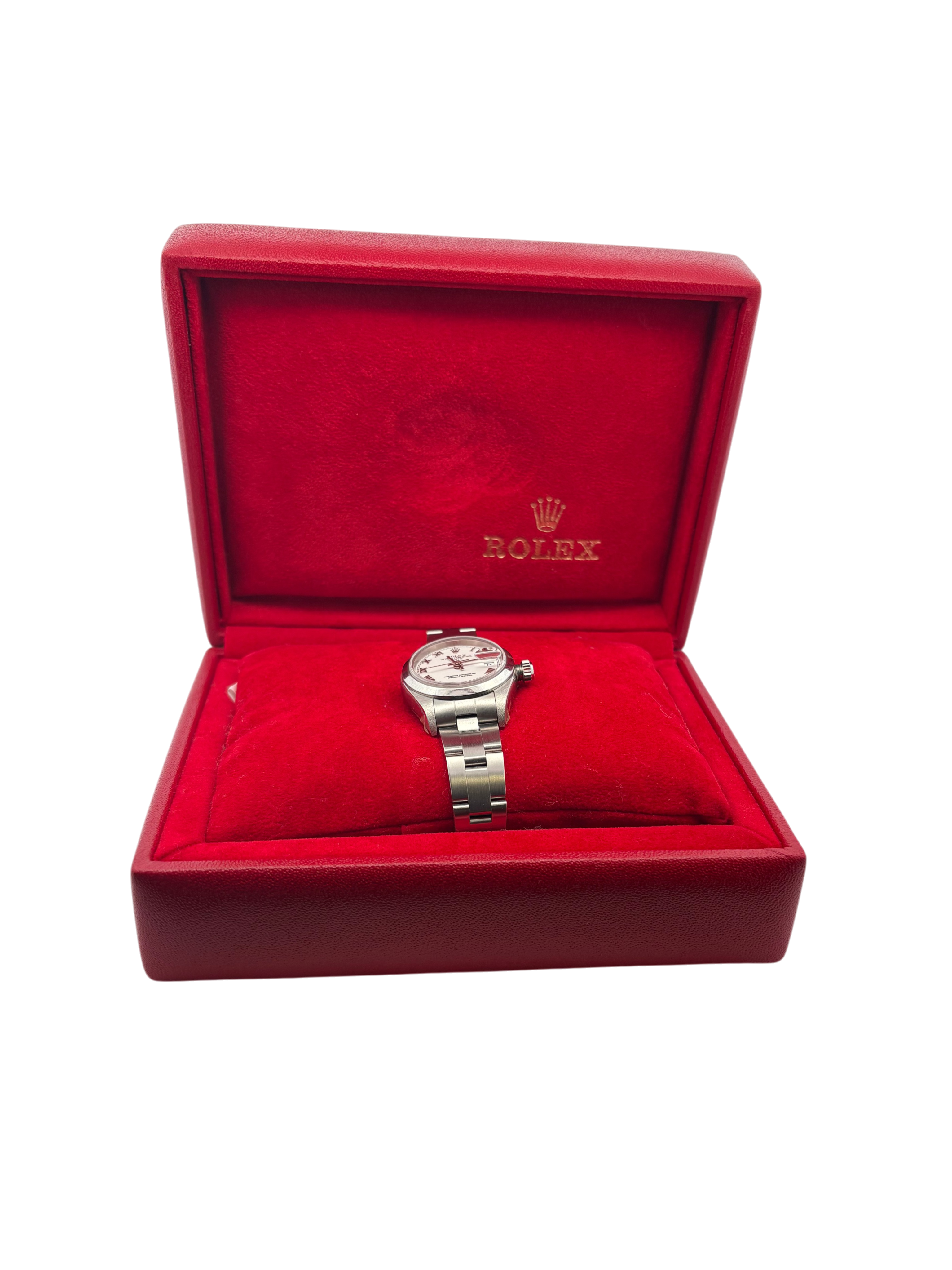 Rolex Oyster Perpetual Date 26 MM Silver Roman Dial Watch Stainless Steel White Dial