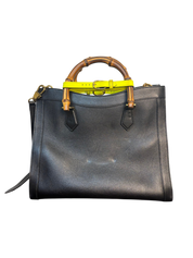 Gucci Diana Medium Black Leather Tote Bag with Bamboo Handle and Neon Yellow