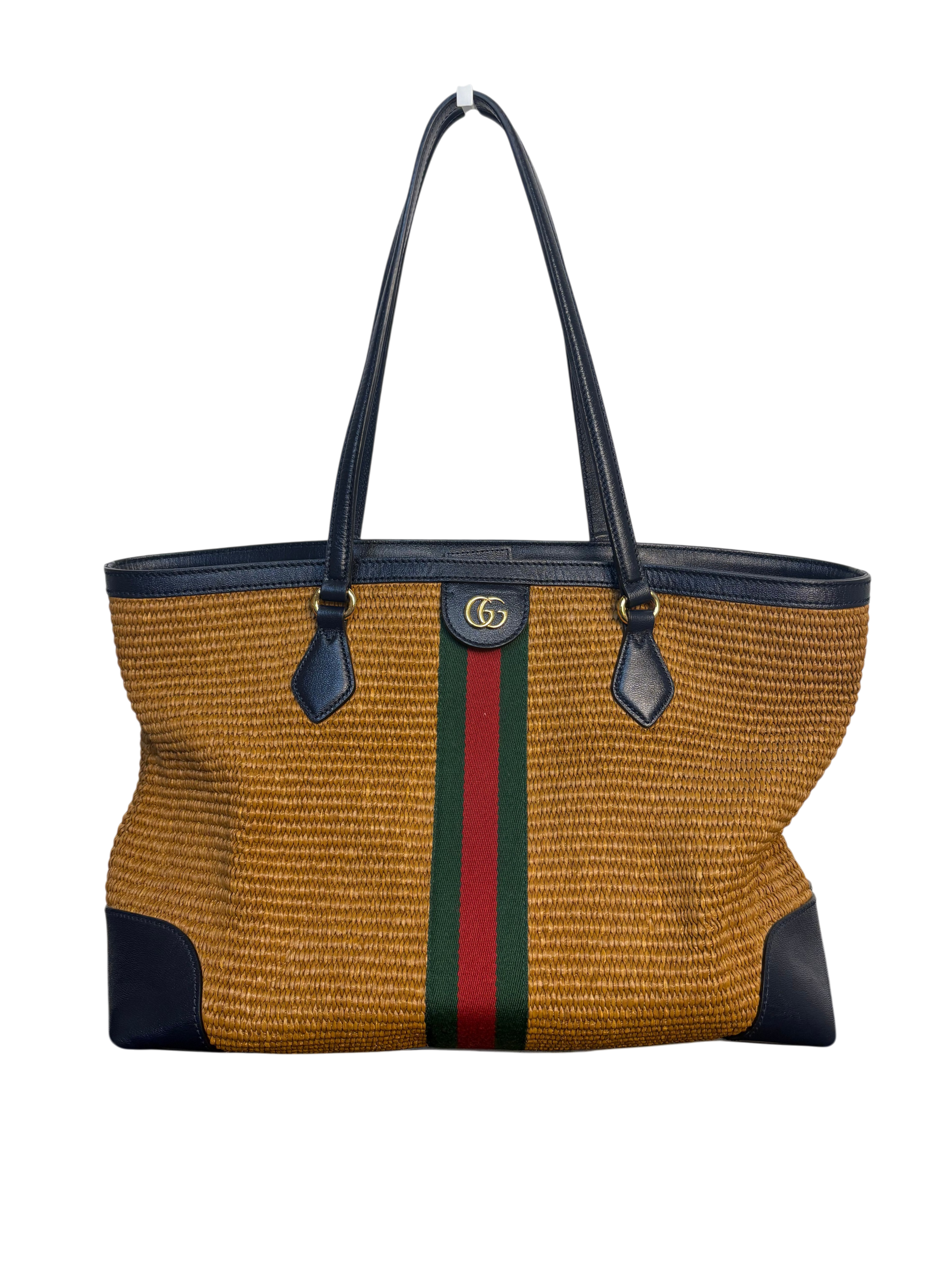 Gucci Ophidia Medium Straw and Leather Tote Bag