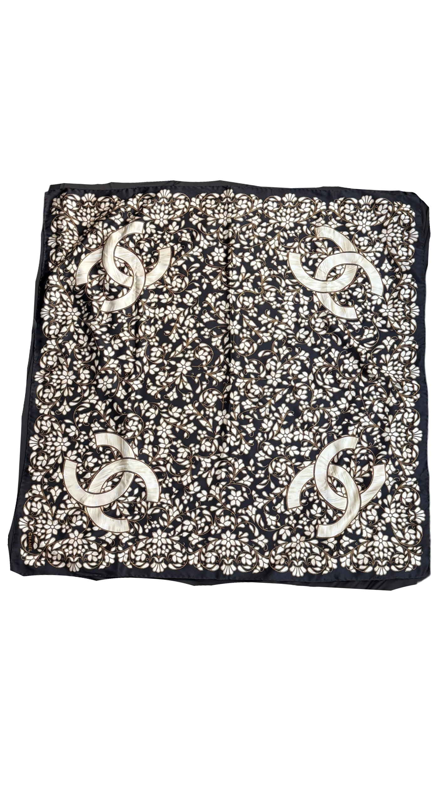 Chanel Vintage Black & White Camellia CC Logo Silk Scarf